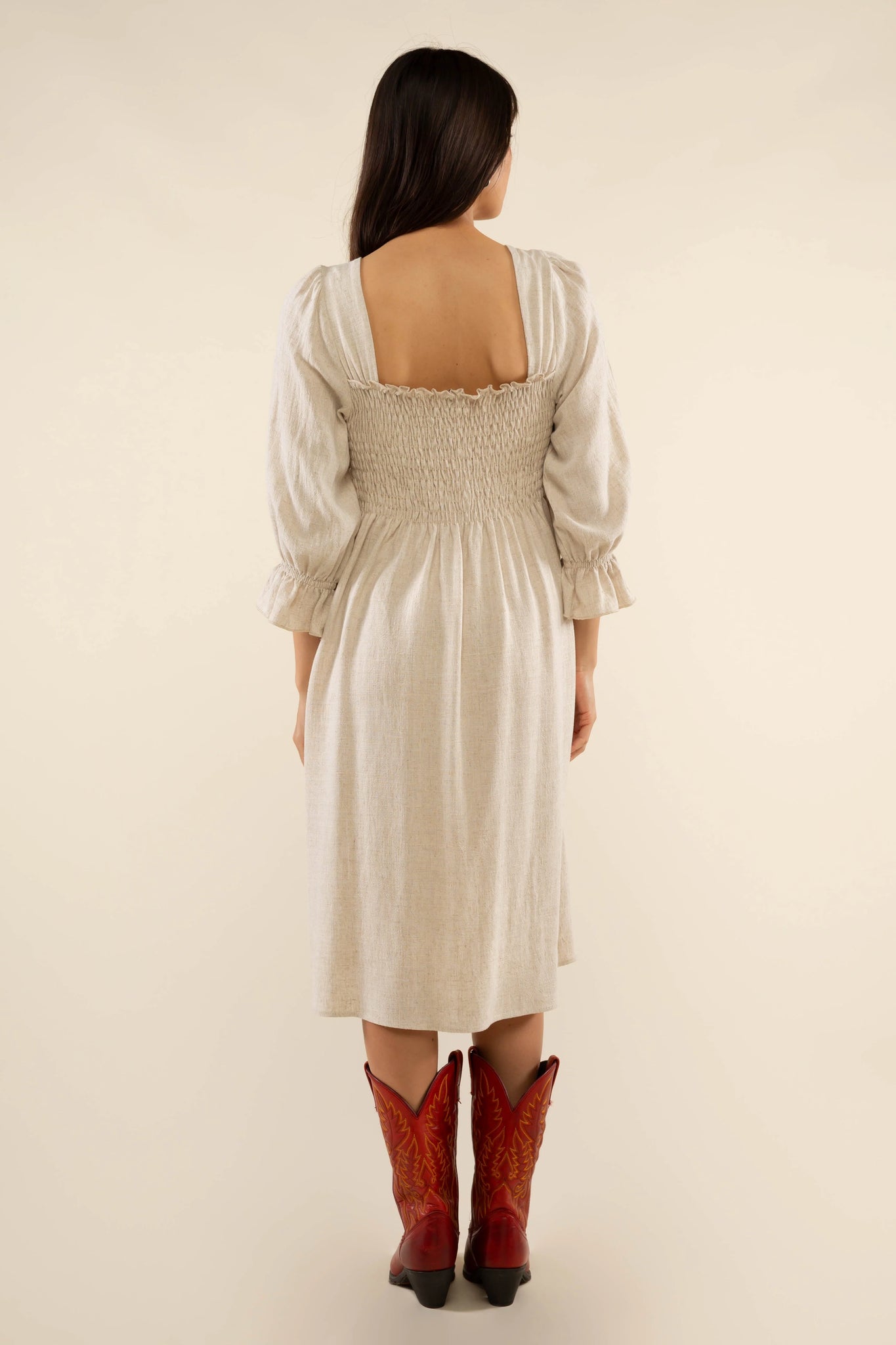 Shirred 3/4 Sleeve Linen Dress