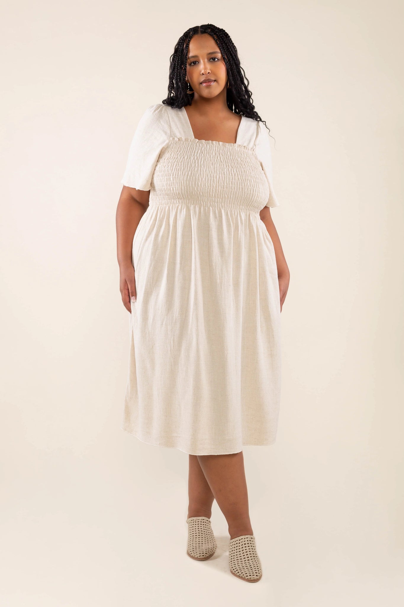 Shirred Sleeve Linen Dress