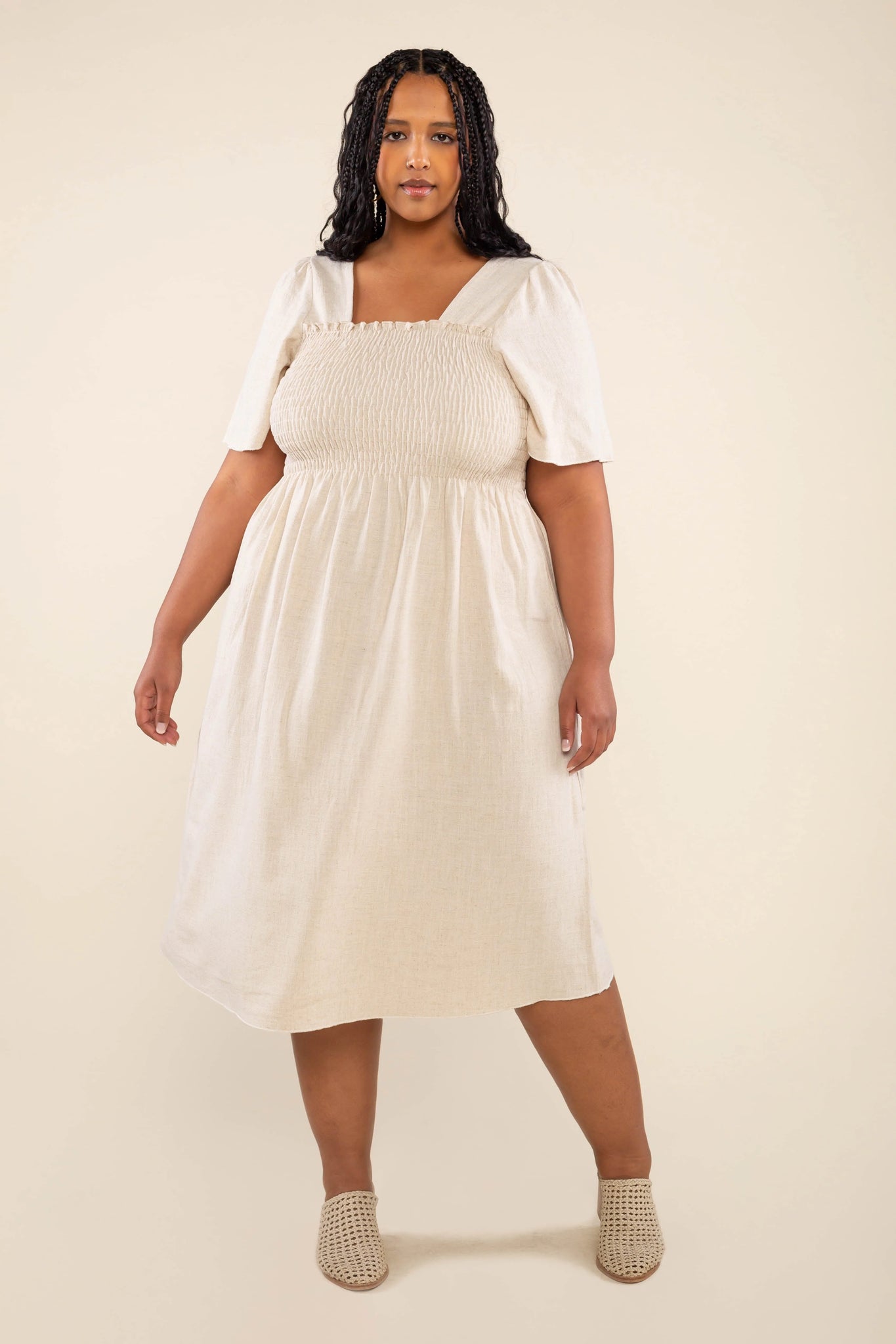 Shirred Sleeve Linen Dress