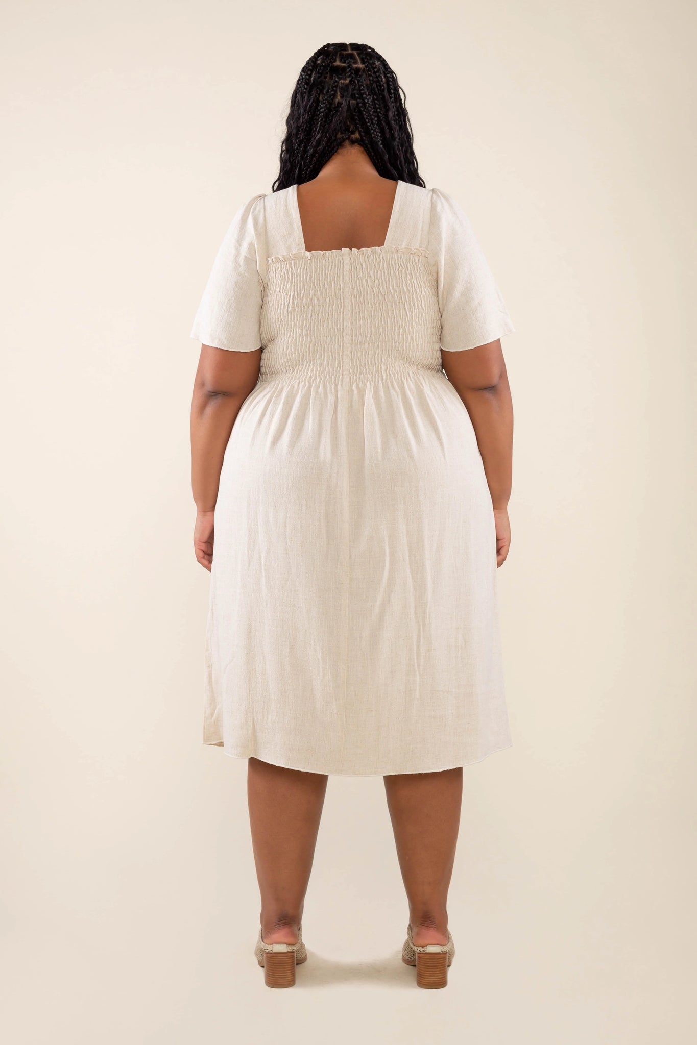 Shirred Sleeve Linen Dress