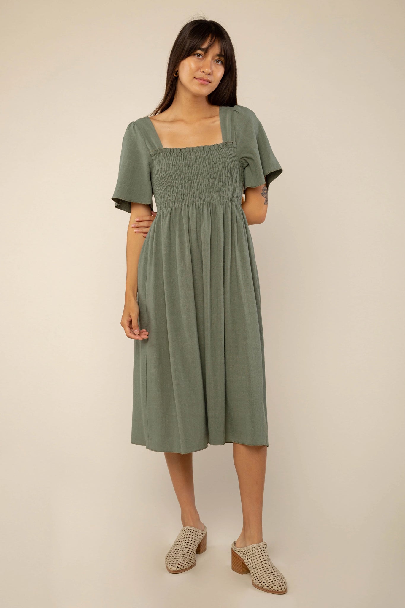 Shirred Sleeve Linen Dress