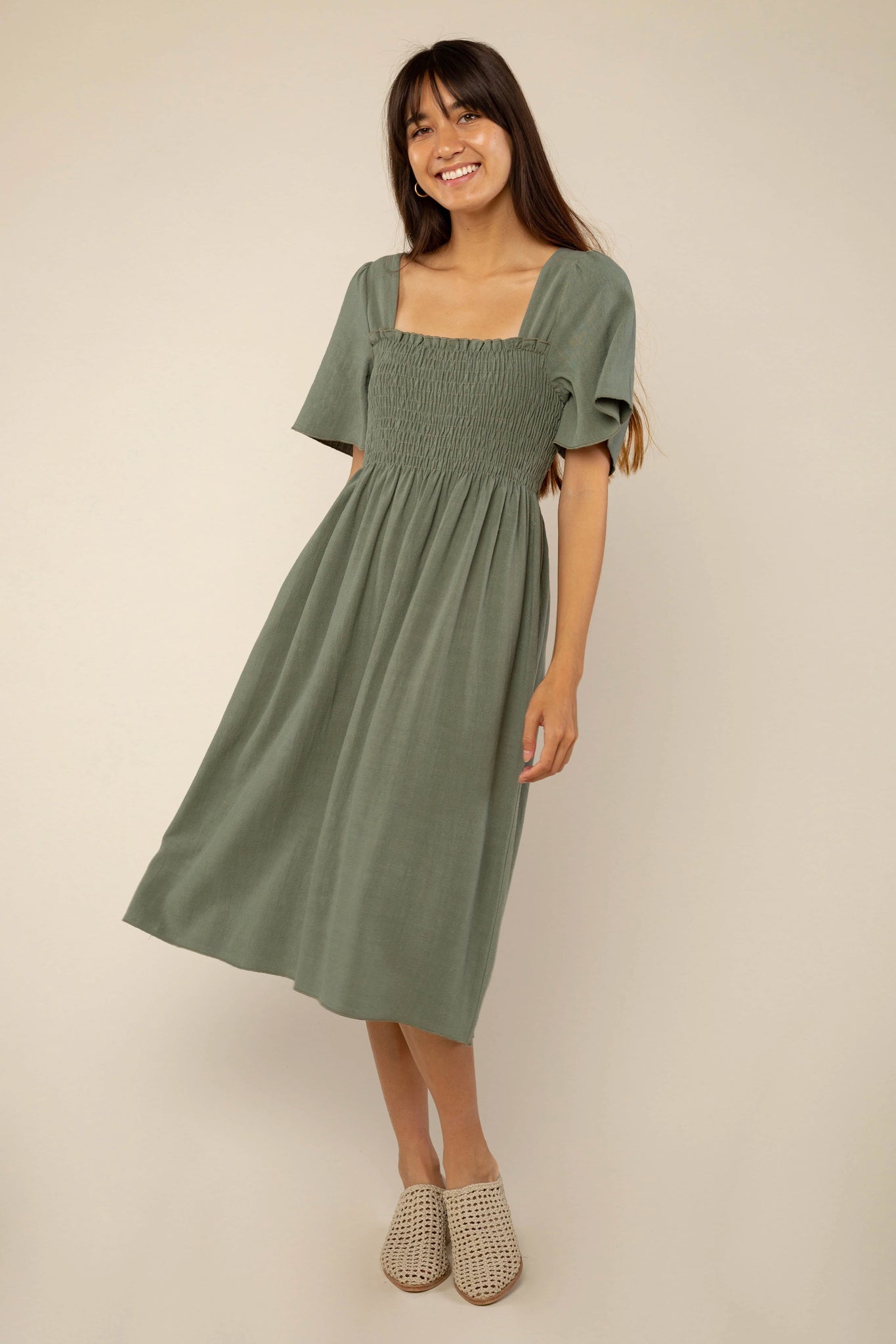 Shirred Sleeve Linen Dress