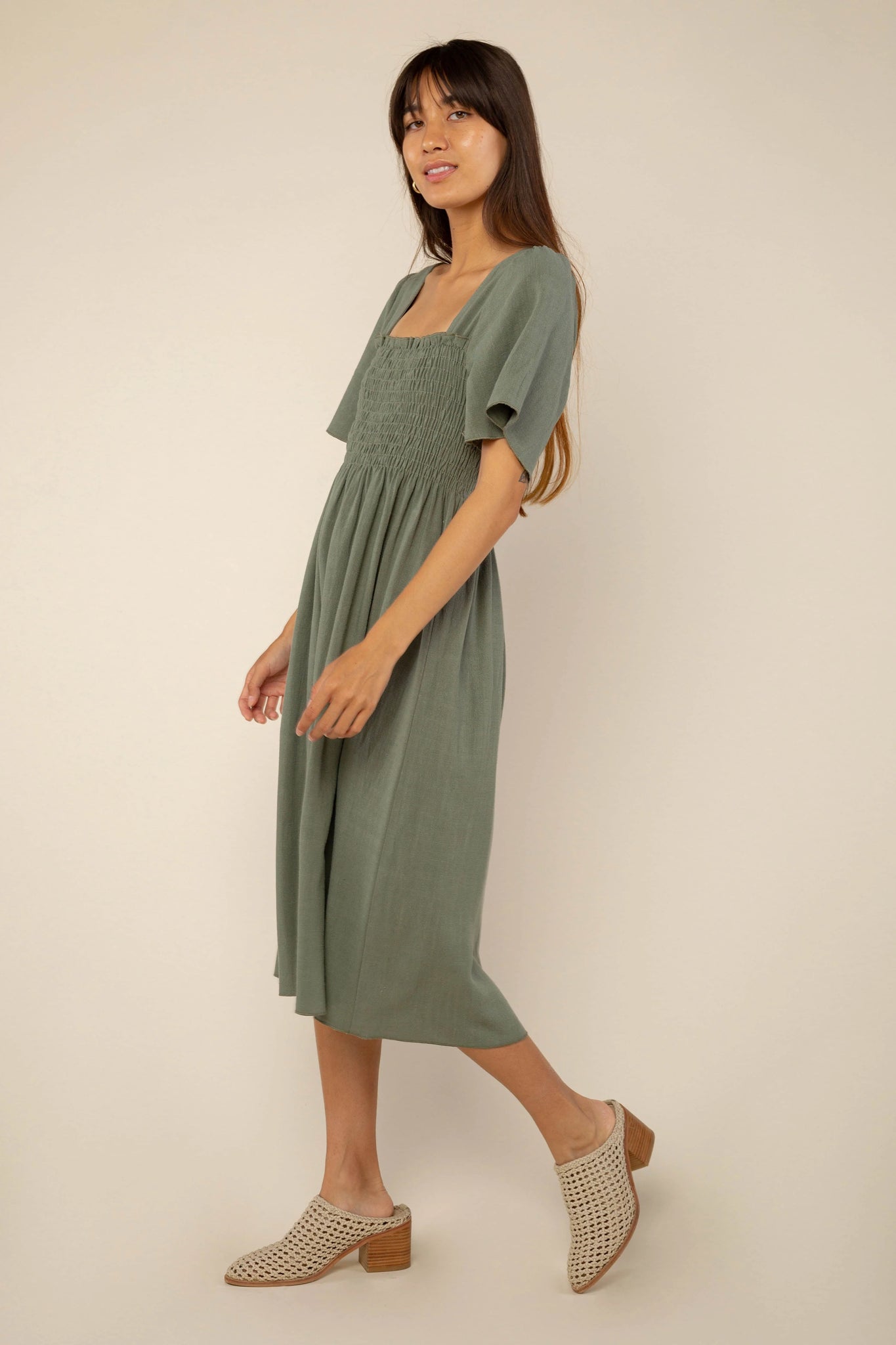 Shirred Sleeve Linen Dress