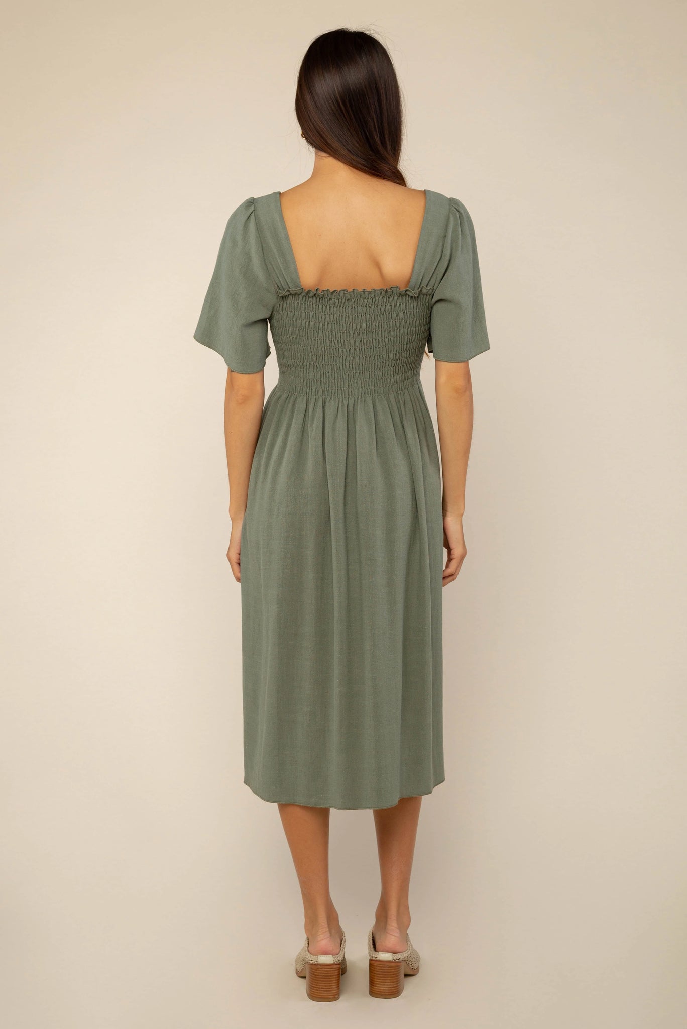 Shirred Sleeve Linen Dress