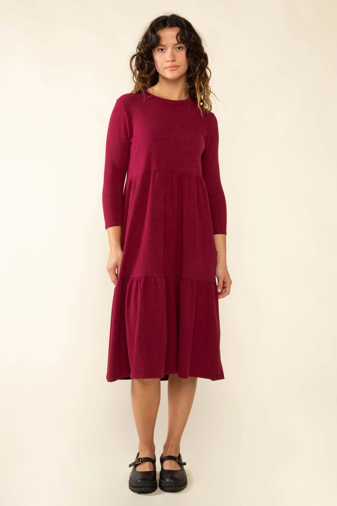 3/4 Sleeve Tiered Rib Dress