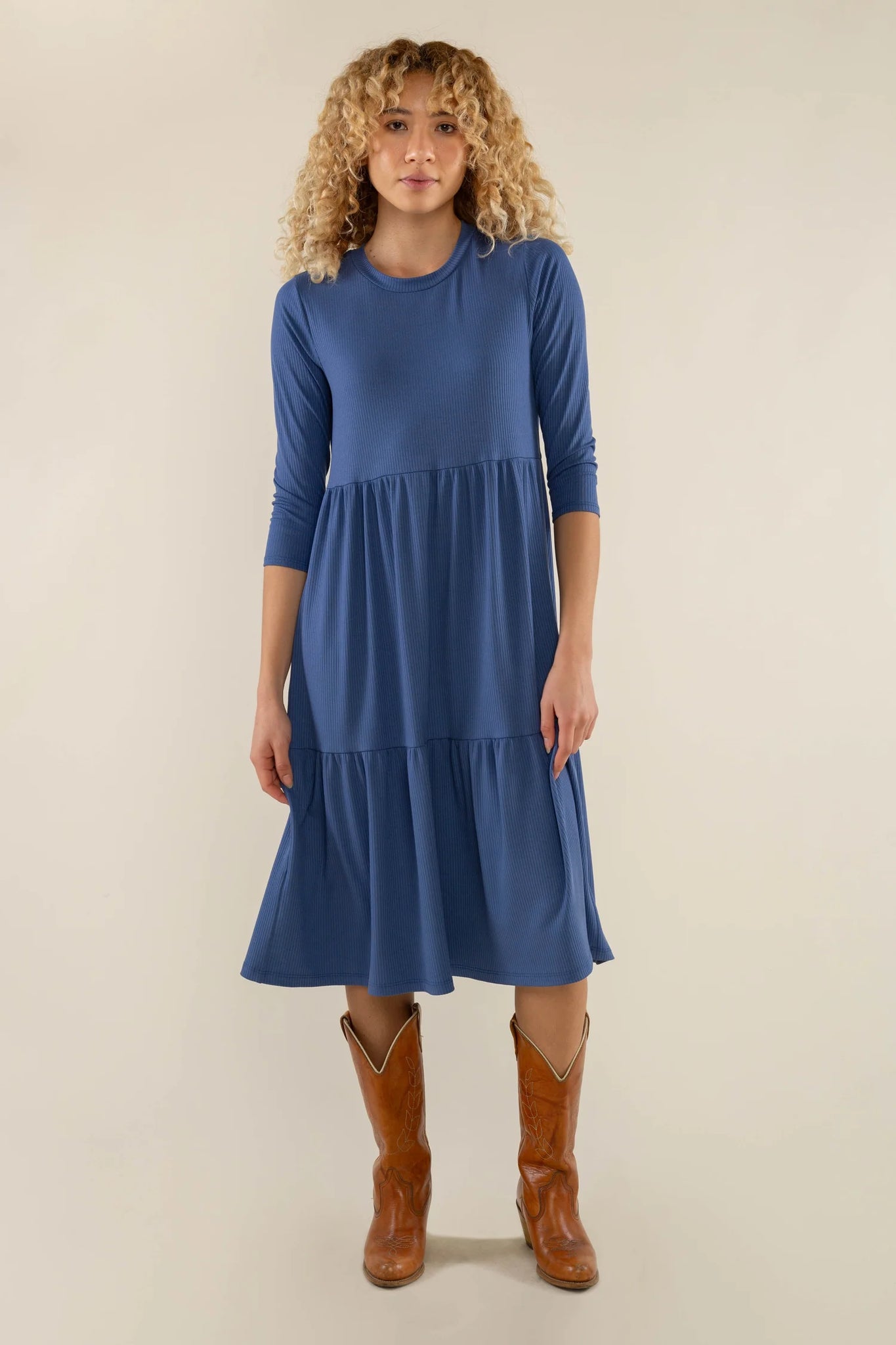 3/4 Sleeve Tiered Rib Dress