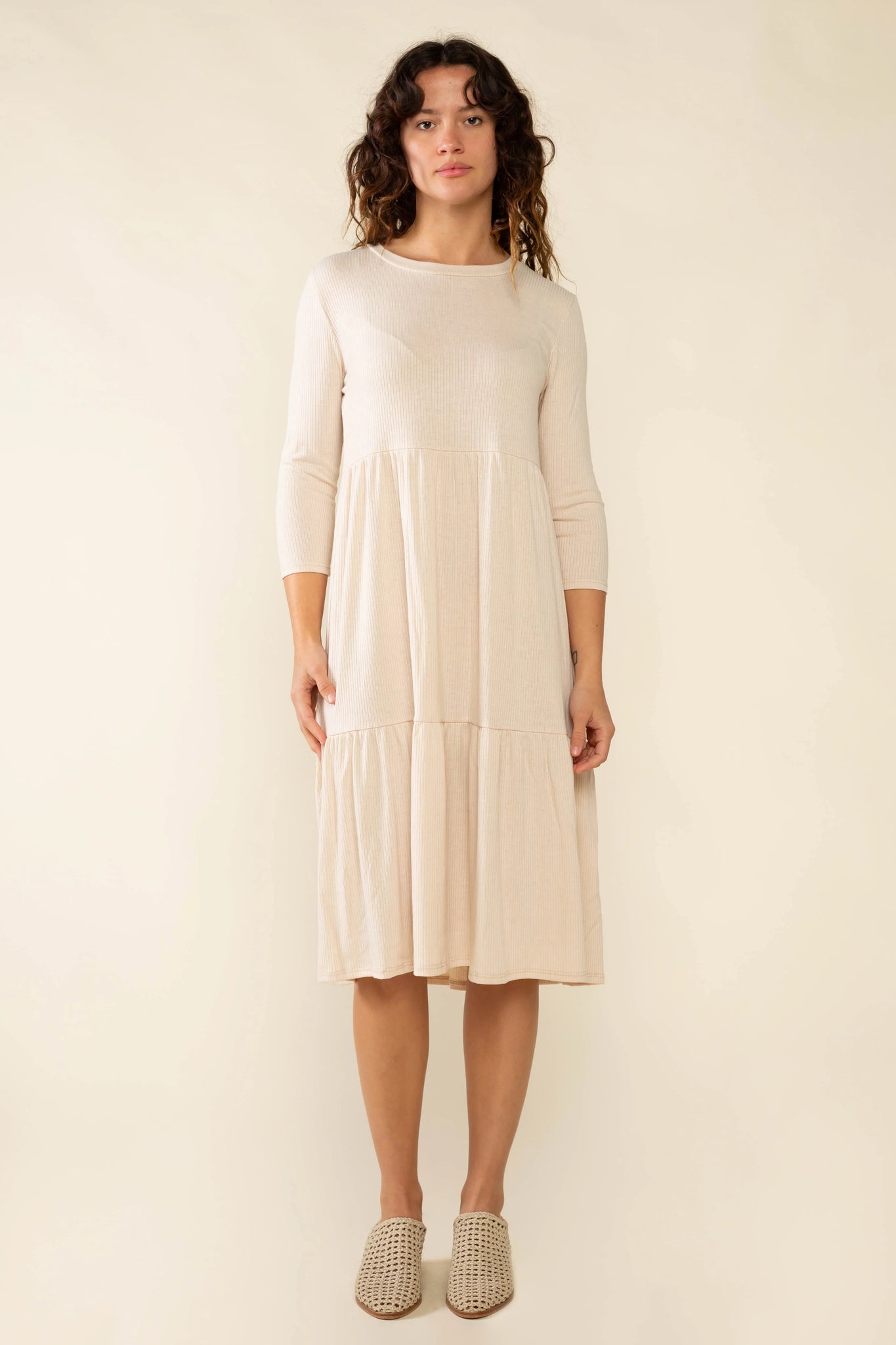 3/4 Sleeve Tiered Rib Dress