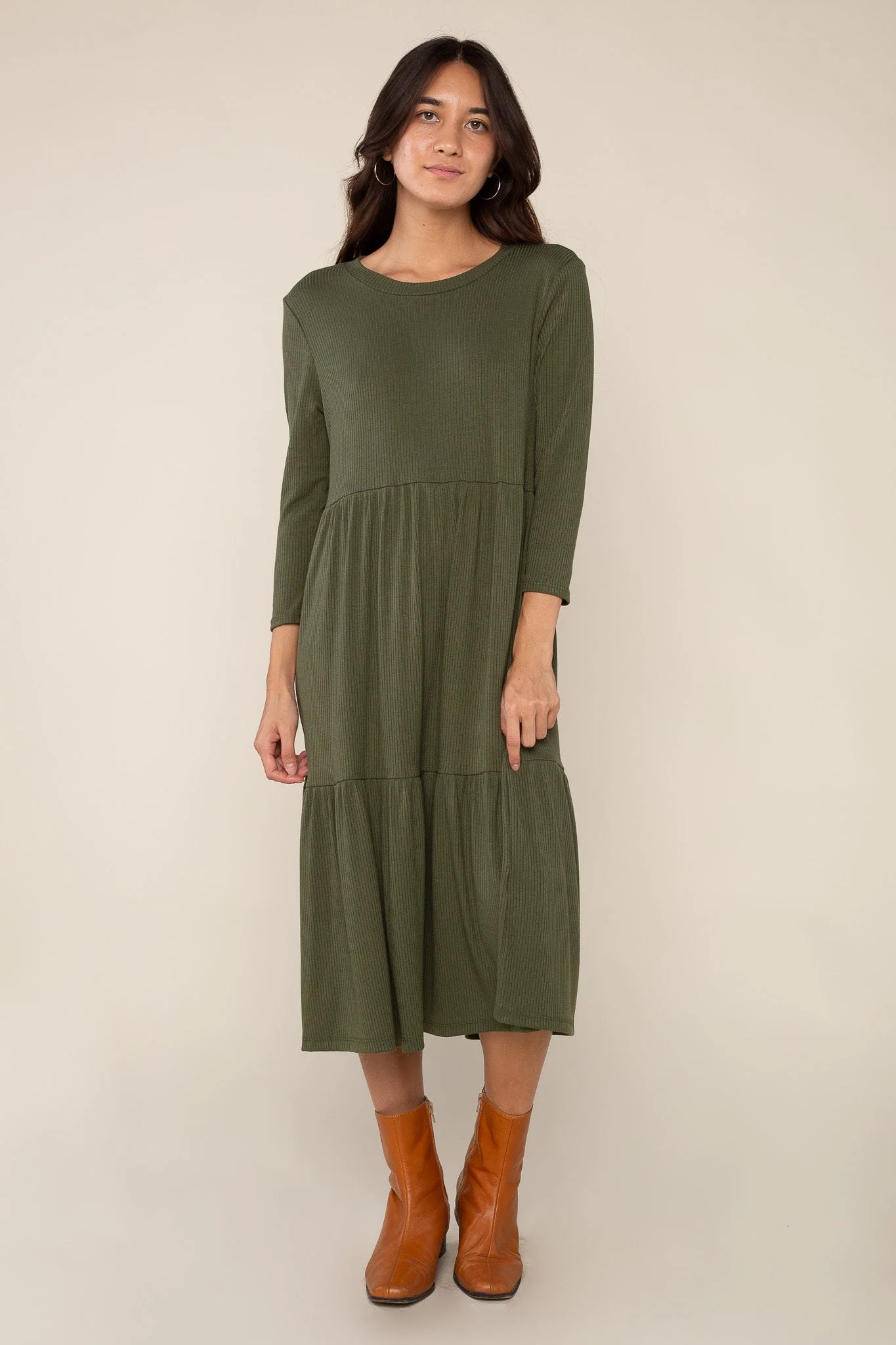 3/4 Sleeve Tiered Rib Dress