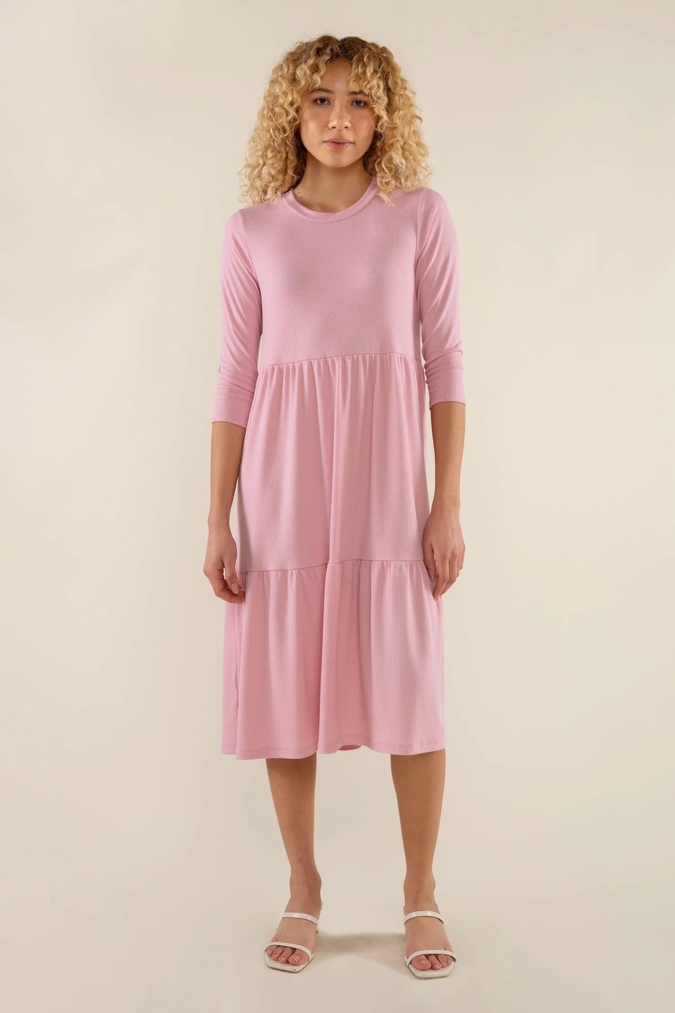 3/4 Sleeve Tiered Rib Dress