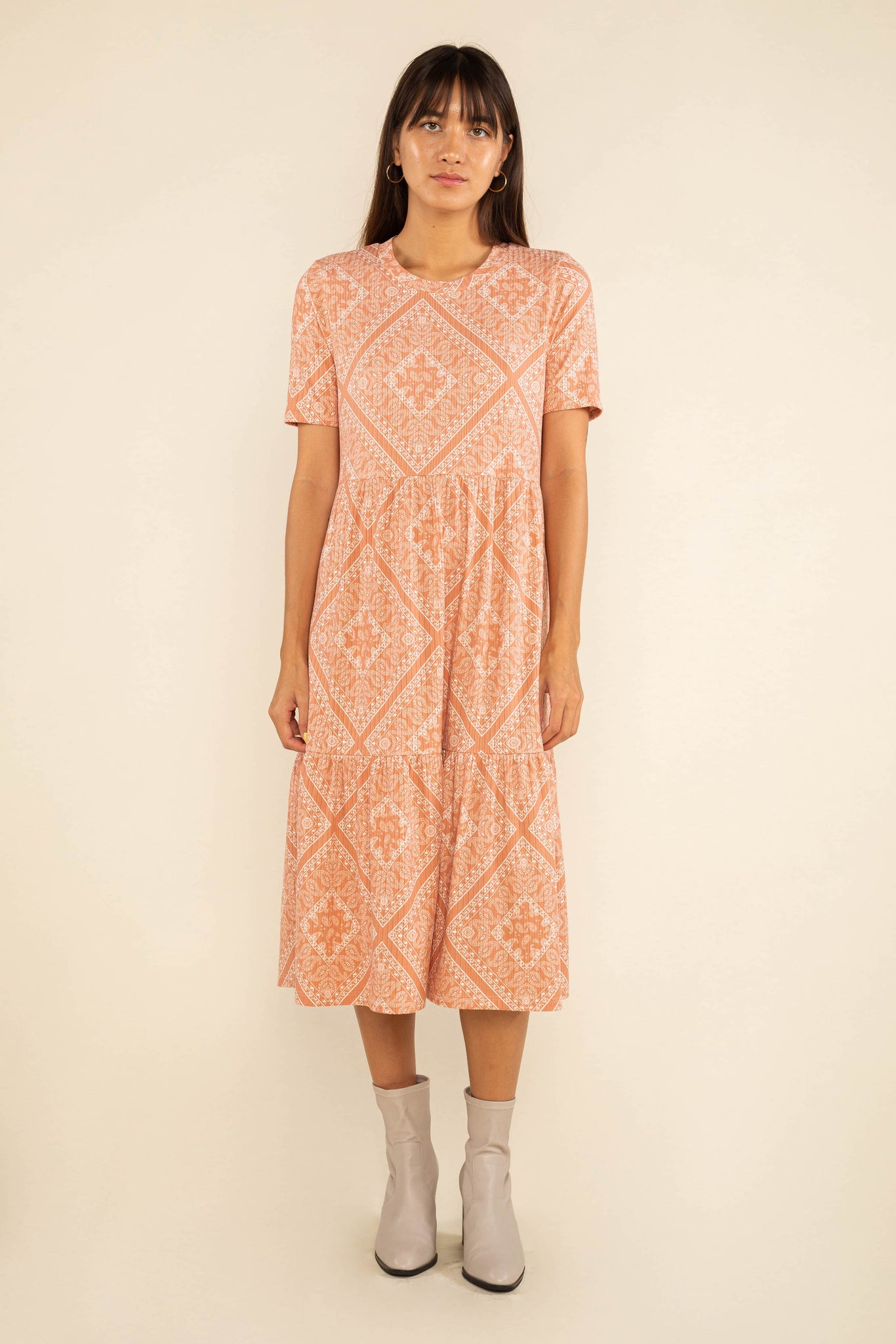 Print Short Sleeve Rib Dress