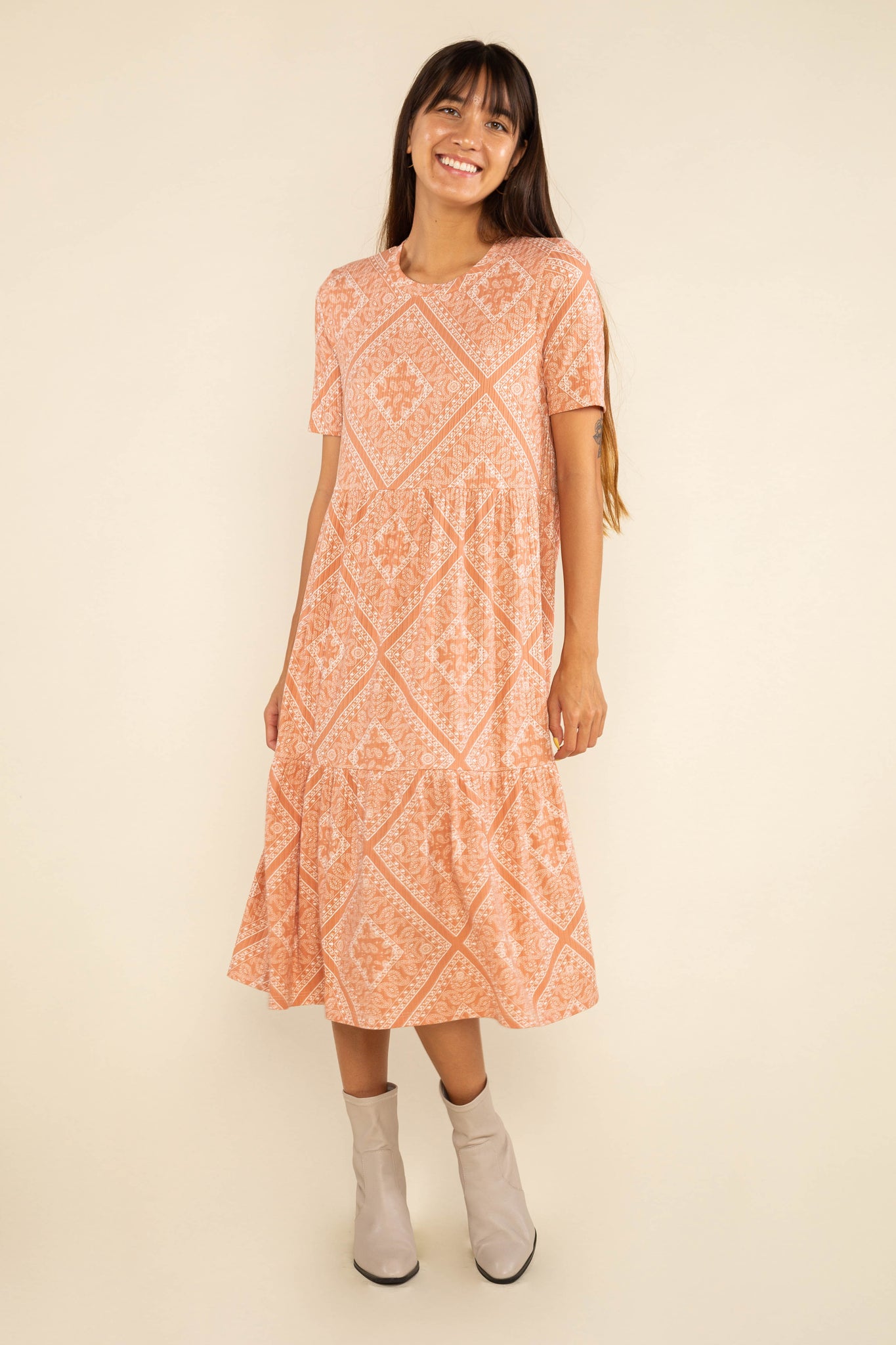 Print Short Sleeve Rib Dress