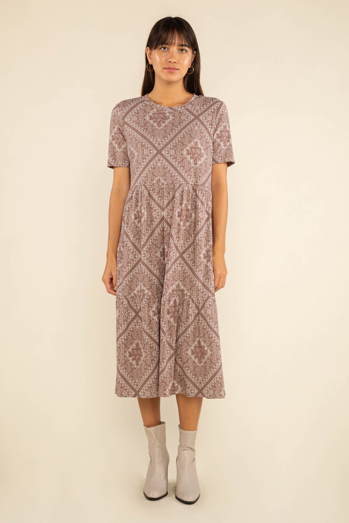 Print Short Sleeve Rib Dress