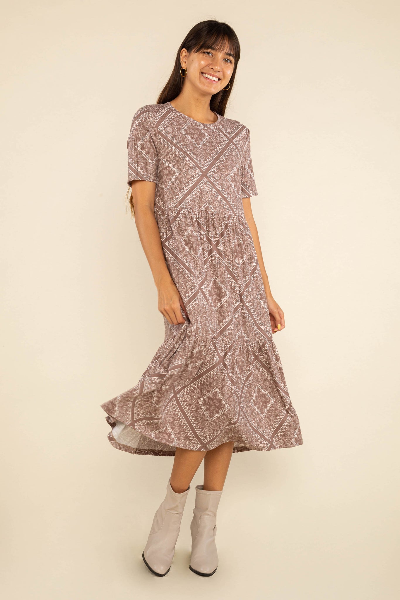 Print Short Sleeve Rib Dress