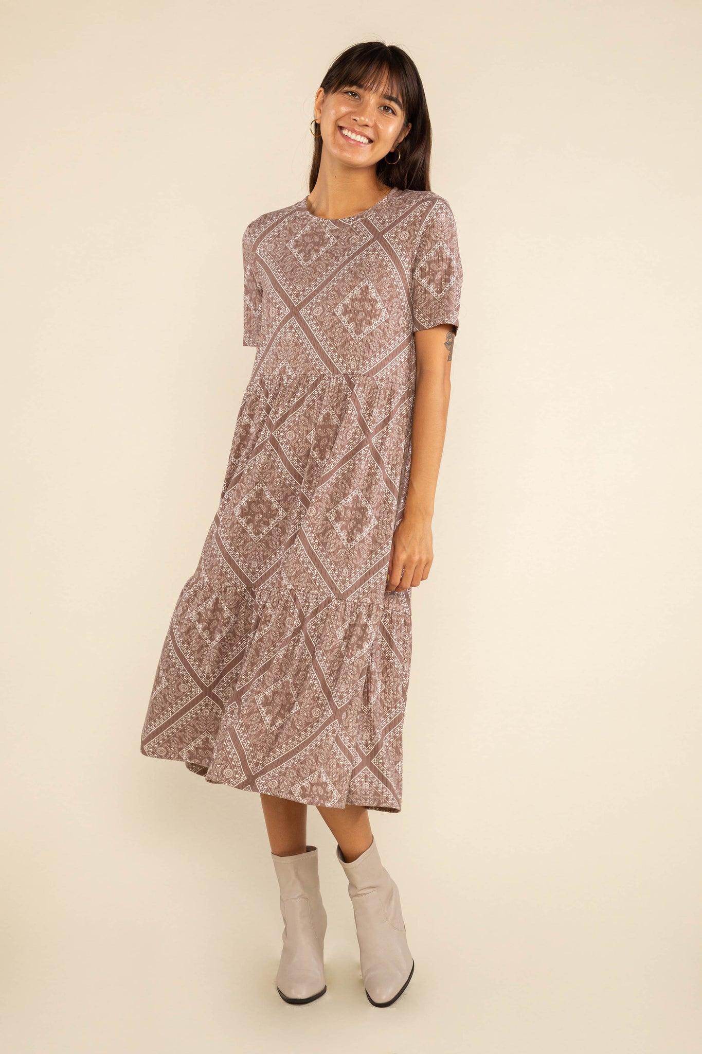 Print Short Sleeve Rib Dress