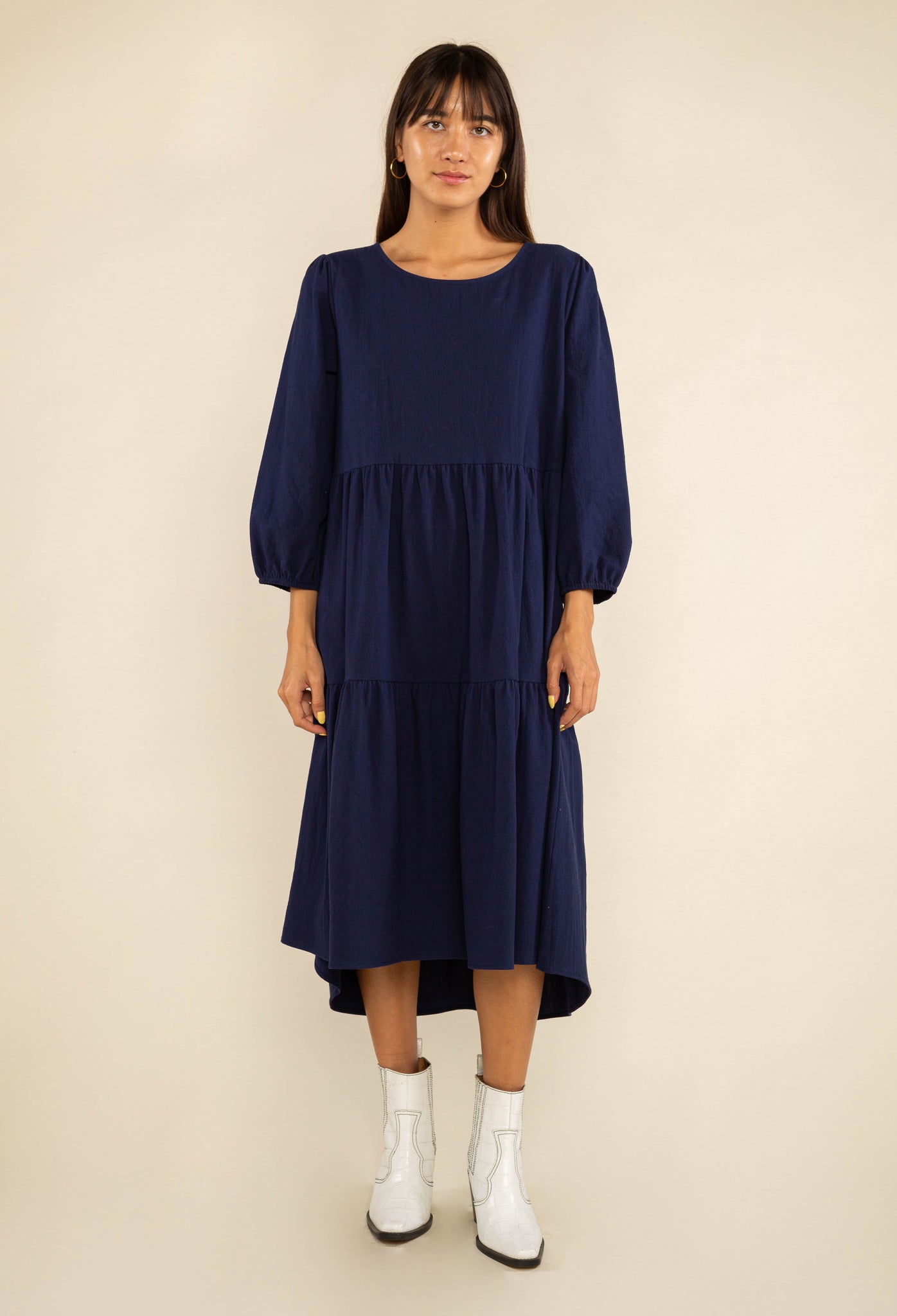 Puff Sleeve Cotton Dress - Navy