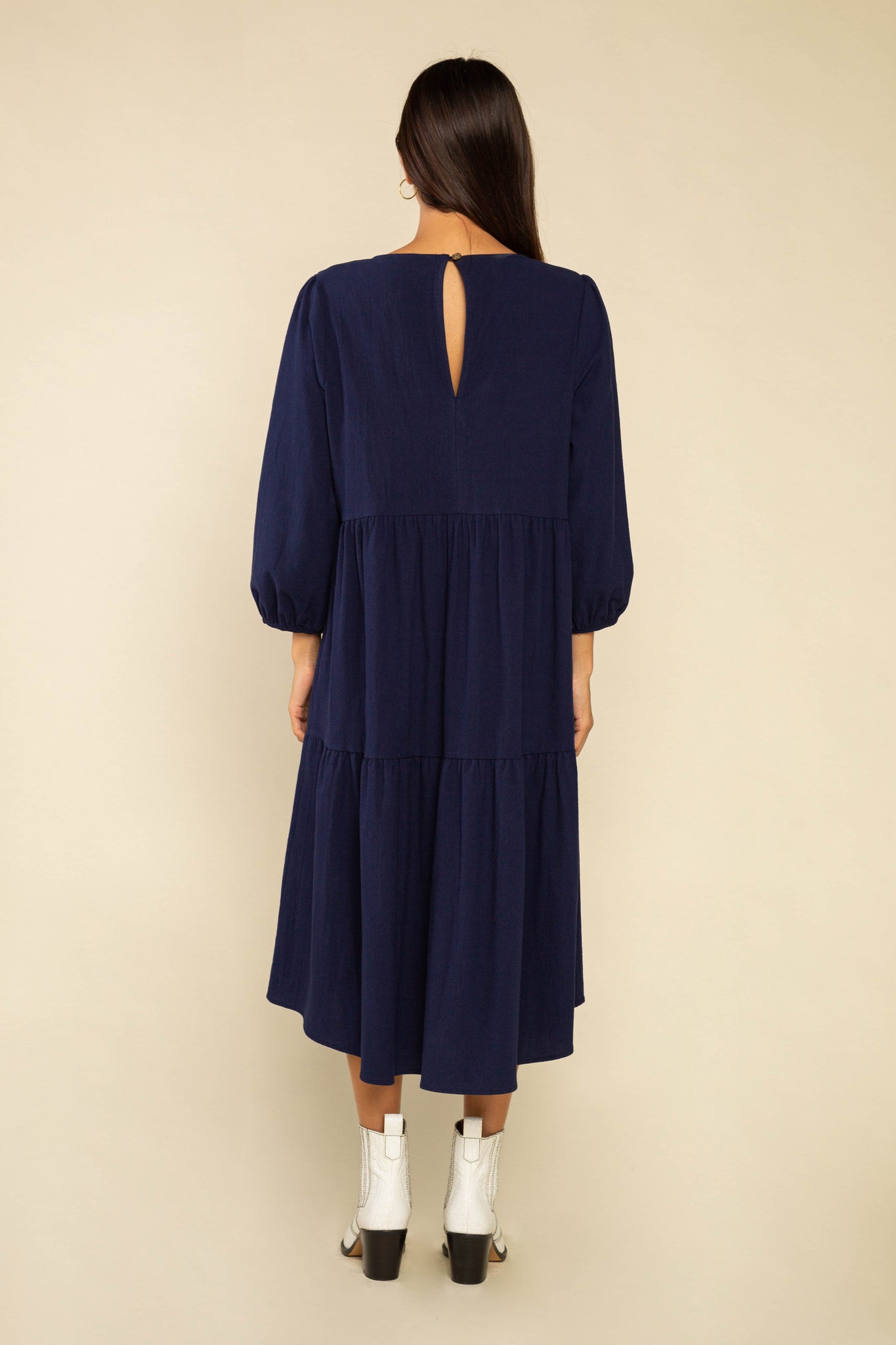 Puff Sleeve Cotton Dress - Navy