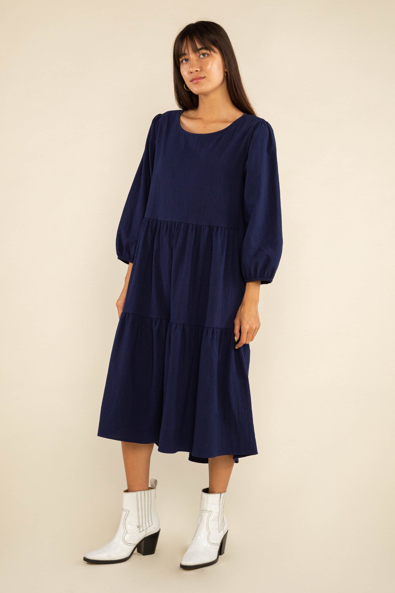 Puff Sleeve Cotton Dress - Navy