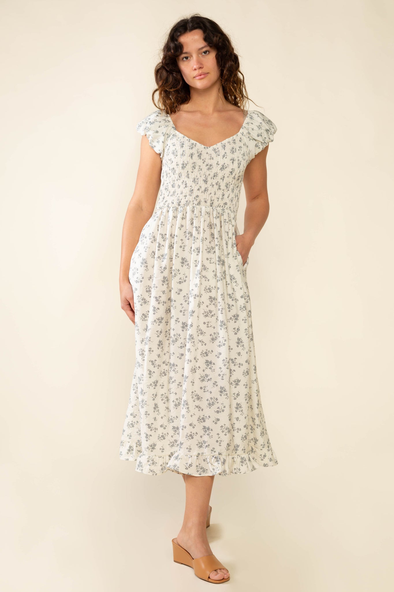 Floral Smocked Midi Dress - Ivory/Dove