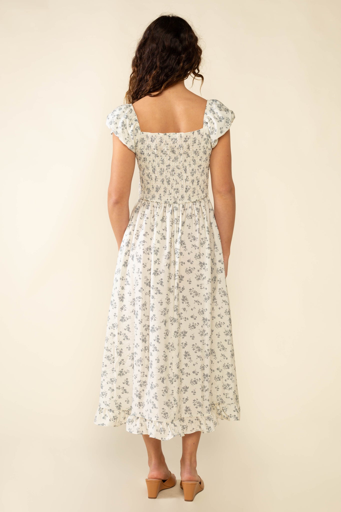 Floral Smocked Midi Dress - Ivory/Dove