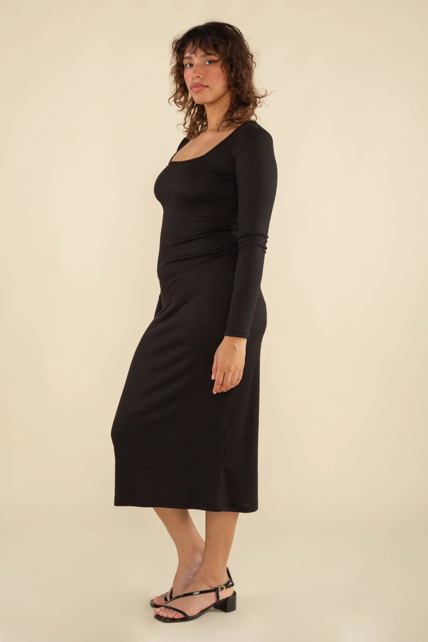 Square Neck Long Sleeve Ribbed Midi Dress