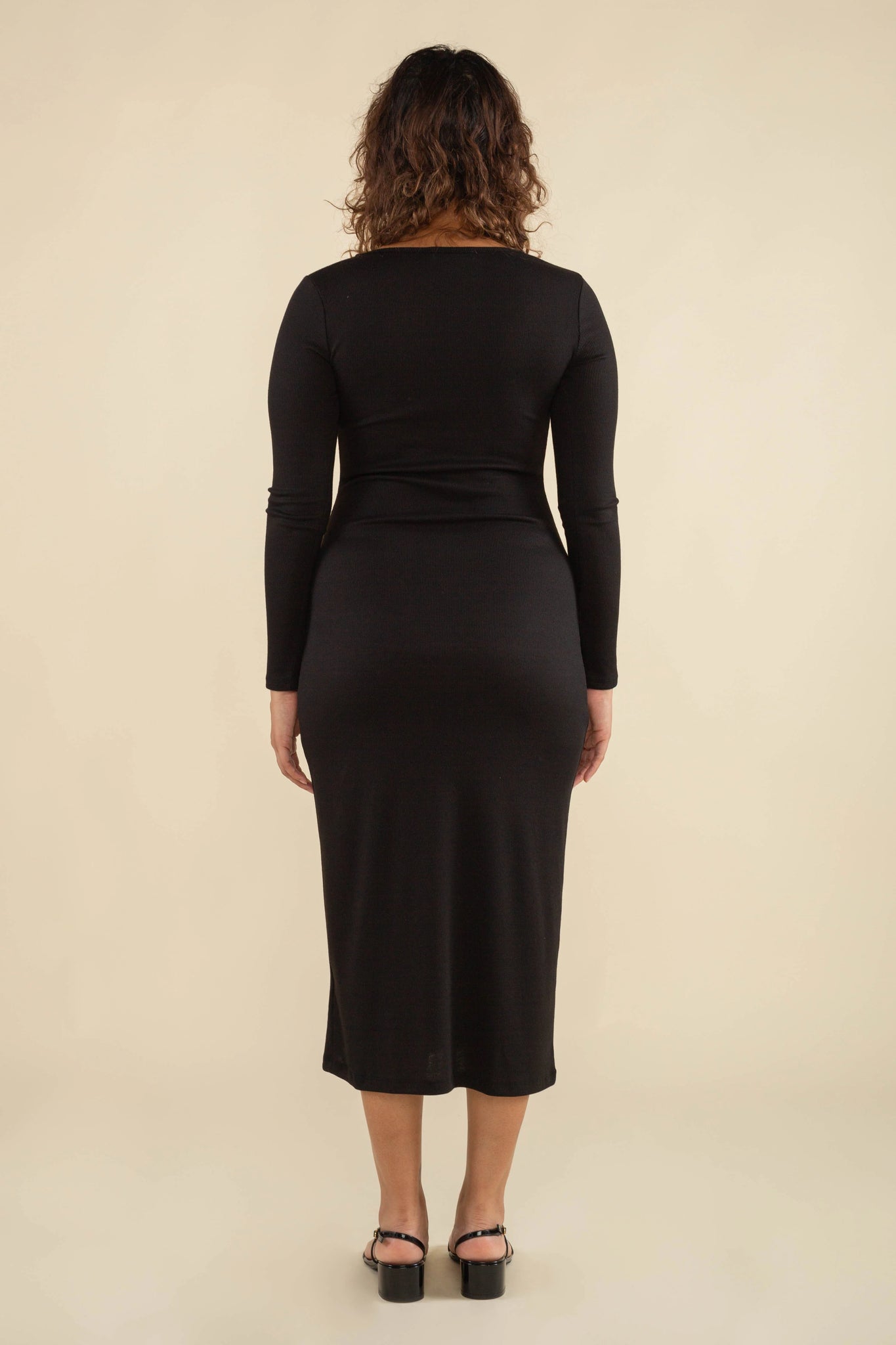 Square Neck Long Sleeve Ribbed Midi Dress