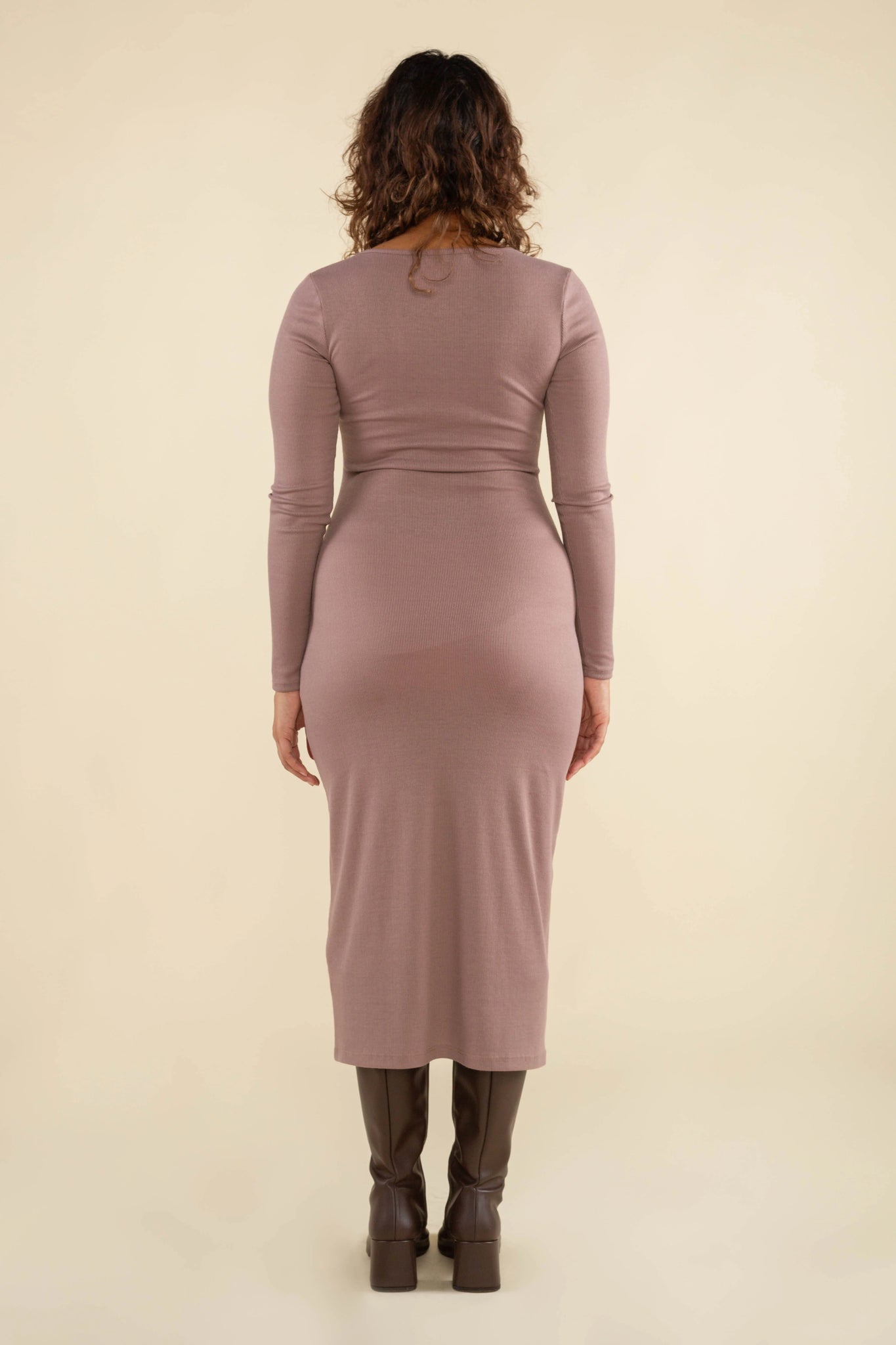 Square Neck Long Sleeve Ribbed Midi Dress