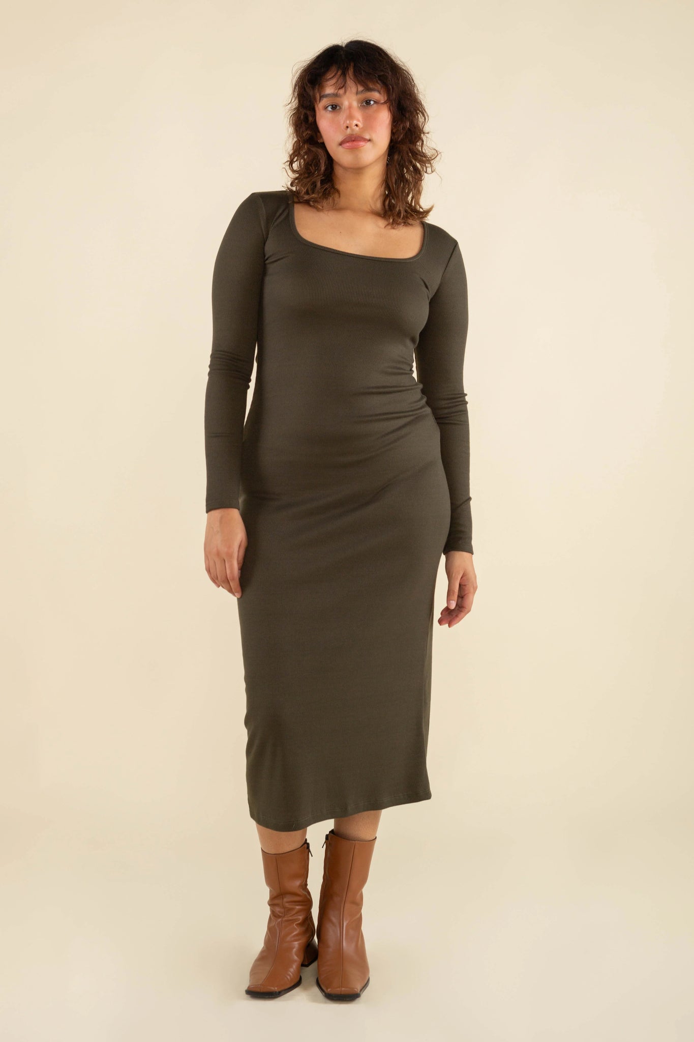 Square Neck Long Sleeve Ribbed Midi Dress