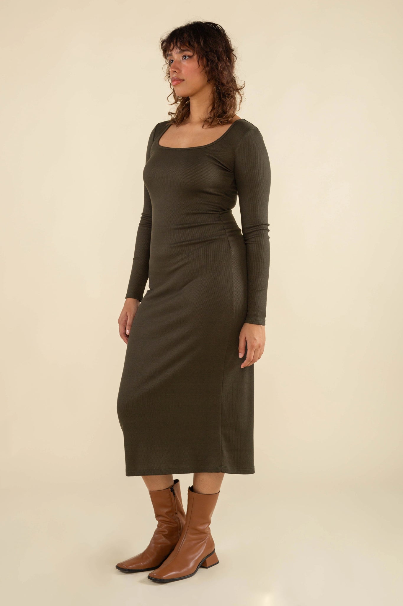 Square Neck Long Sleeve Ribbed Midi Dress