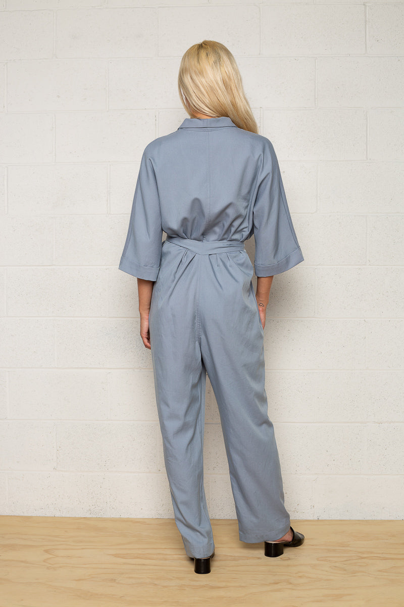 Woven Collared Jumpsuit - Denim Blue