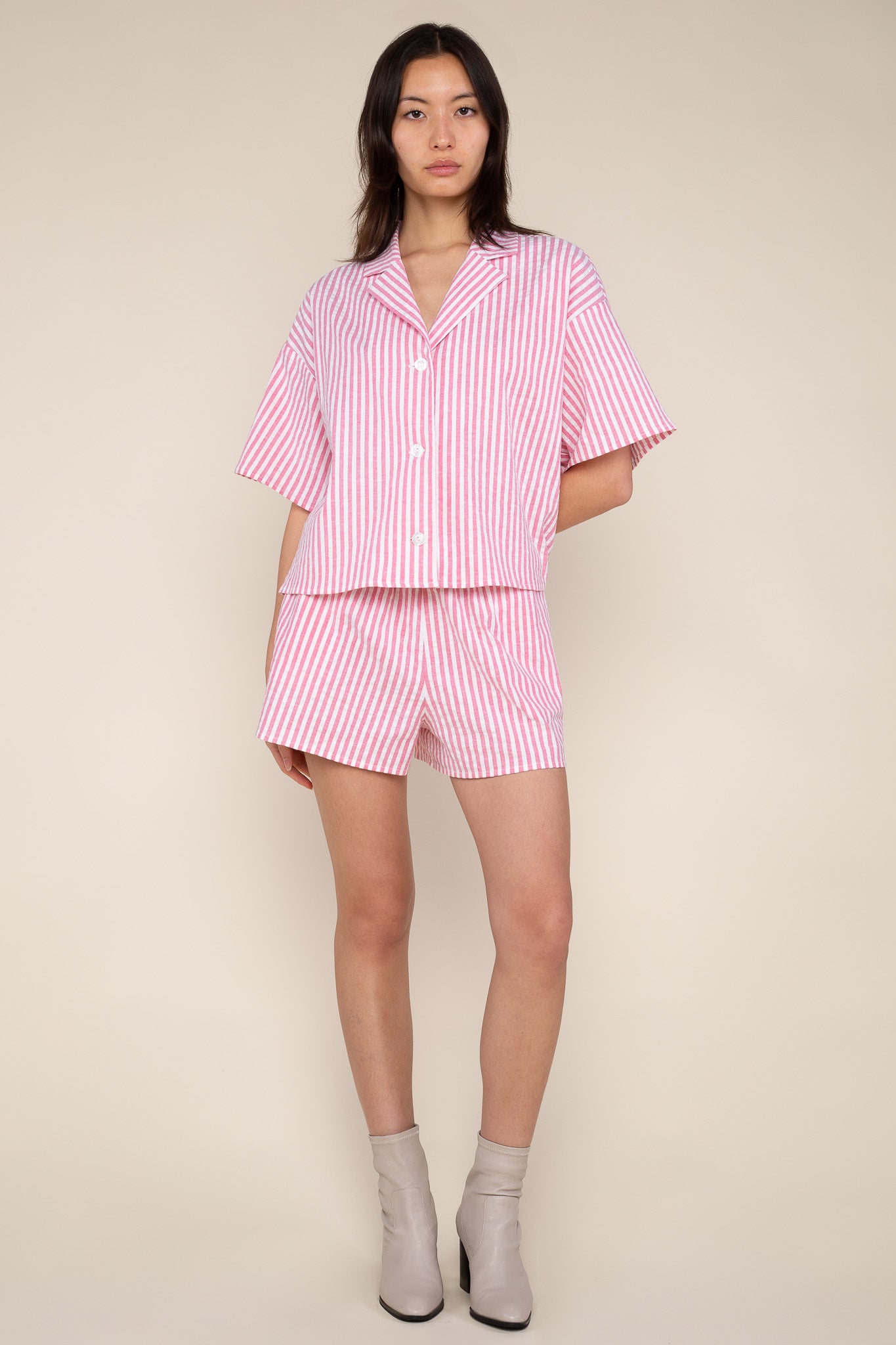 Cotton Boxy Stripe Button Up - Red