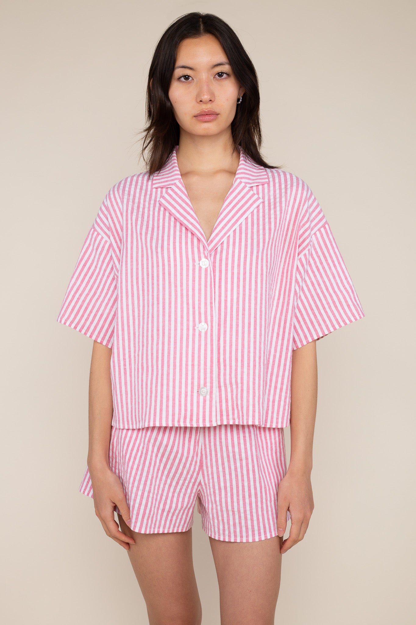 Cotton Boxy Stripe Button Up - Red
