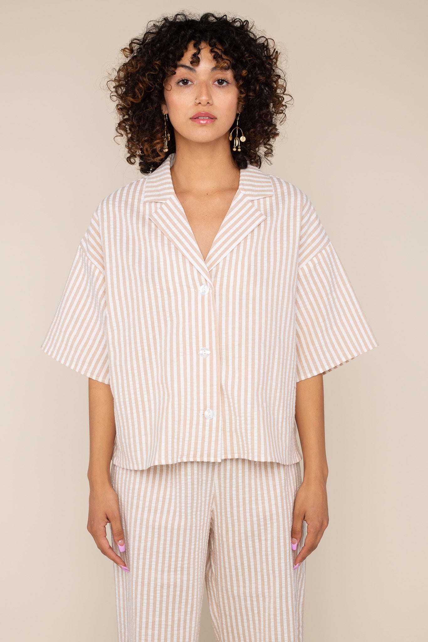 Cotton Boxy Stripe Button Up - Tan