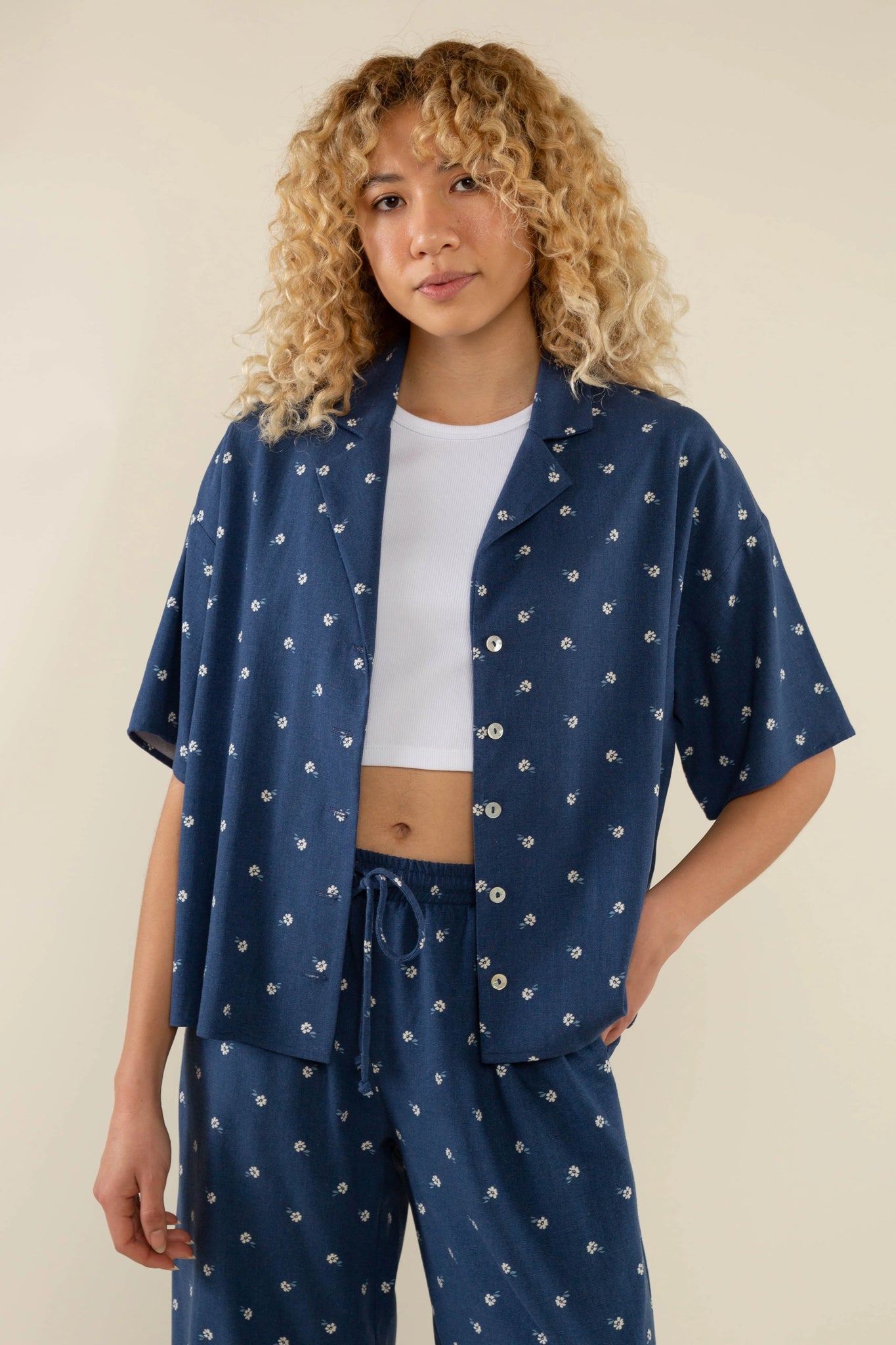 Linen Floral Boxy Button Up Shirt