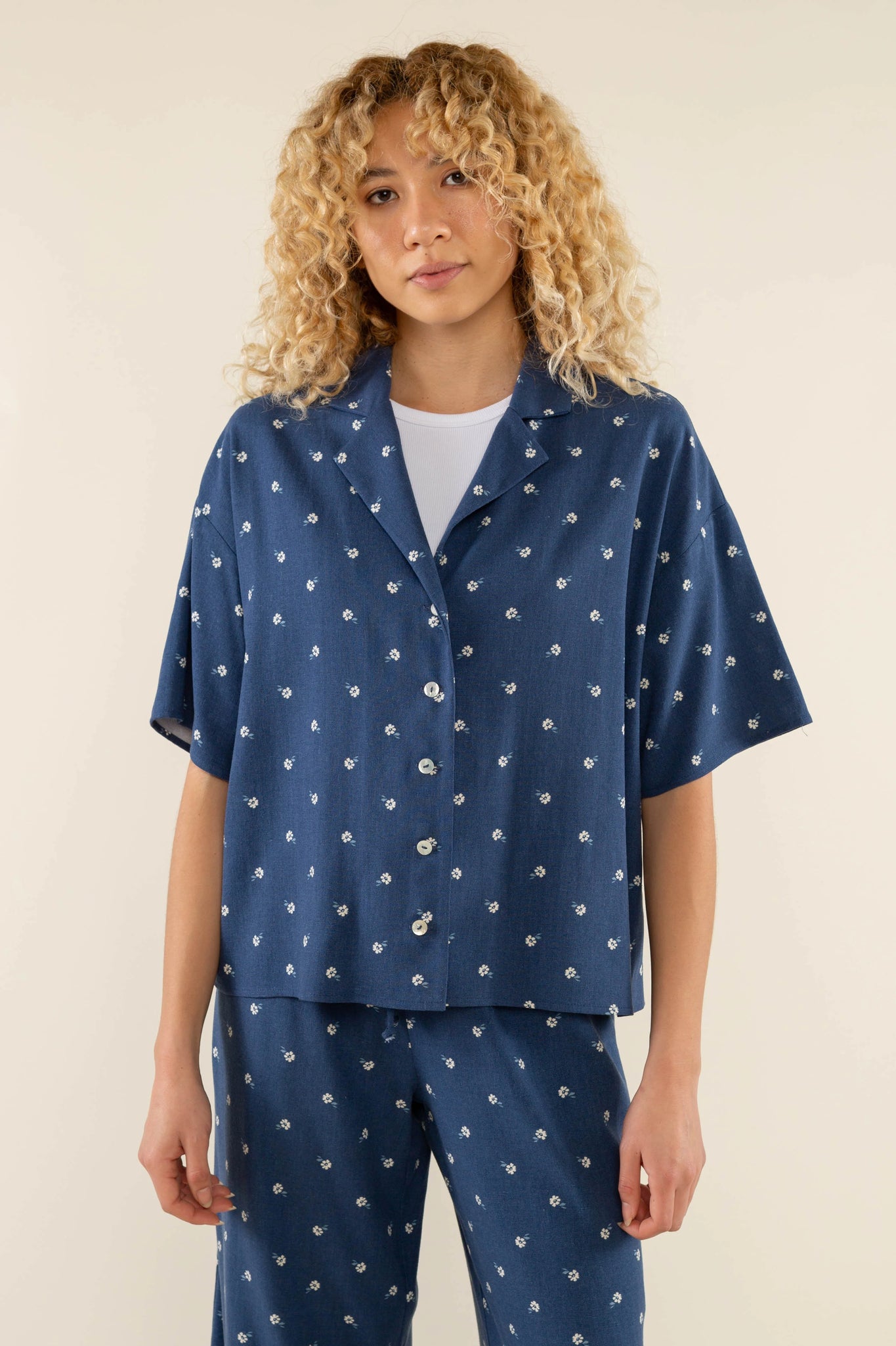Linen Floral Boxy Button Up Shirt