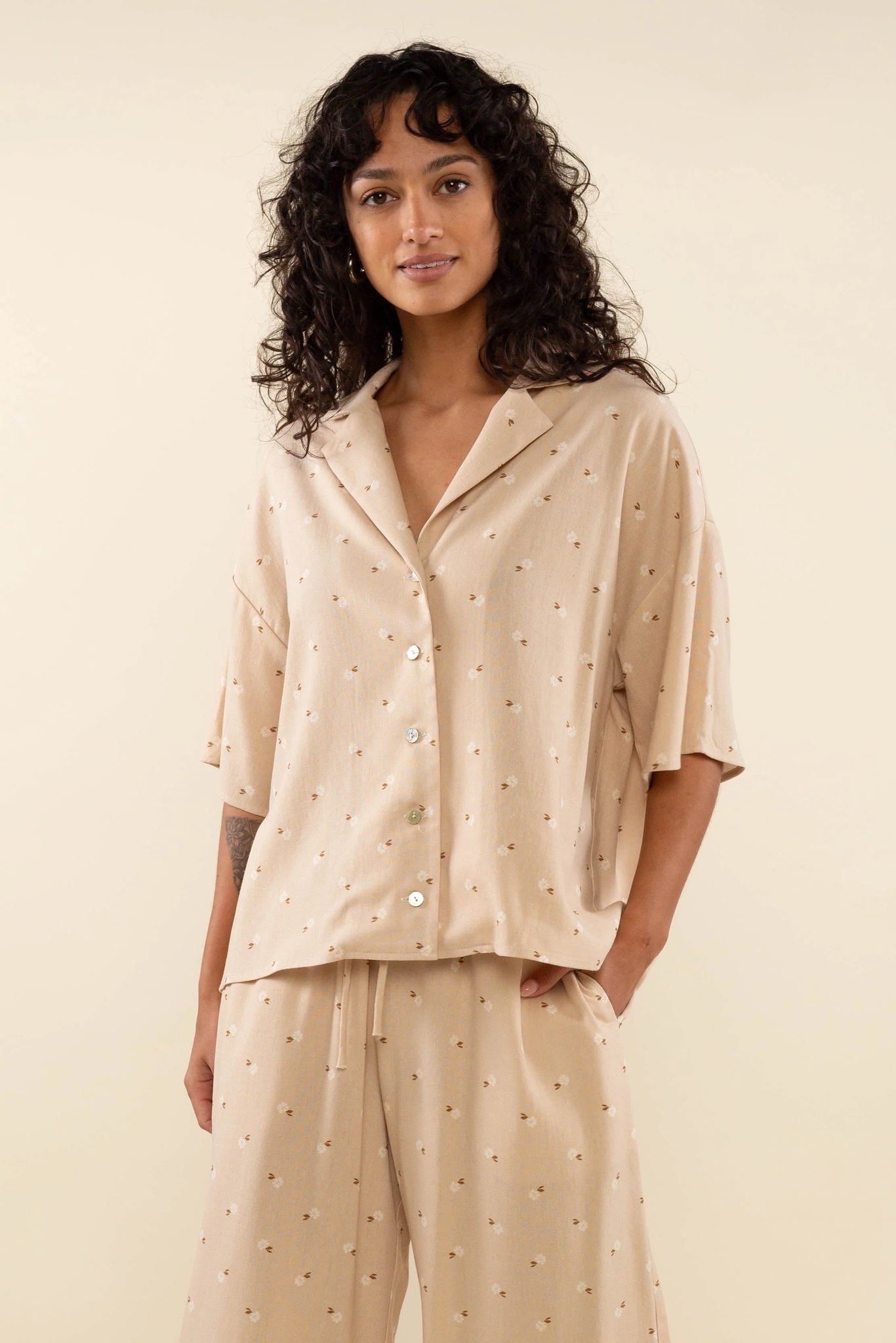 Linen Floral Boxy Button Up Shirt
