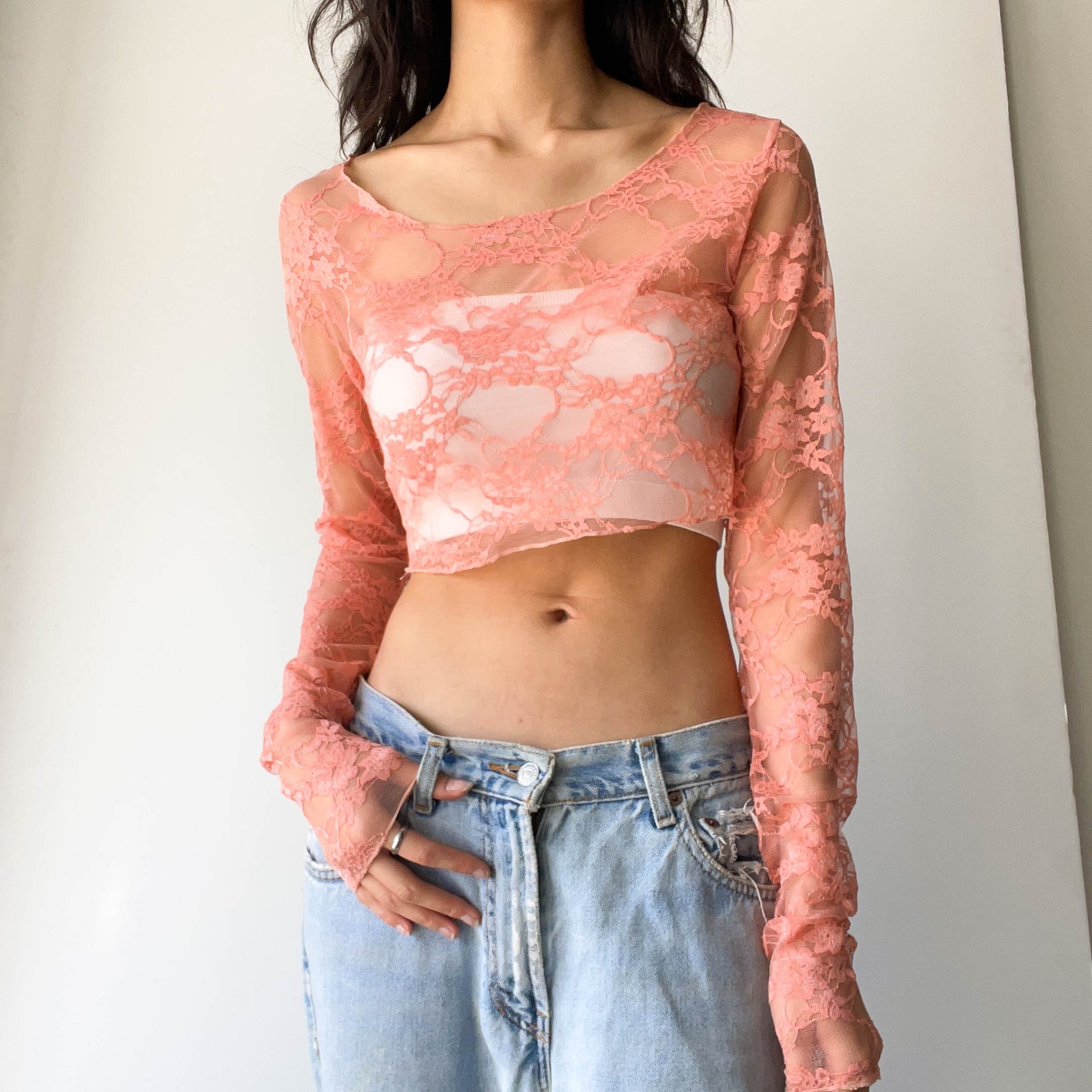 Lace Scoop Neck Crop Top - Pink