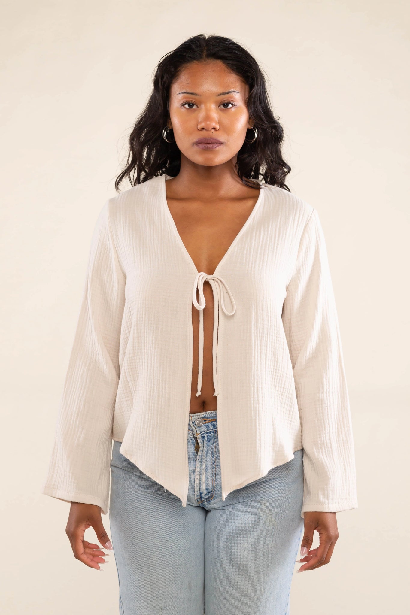 Cotton Gauze Tie Blouse