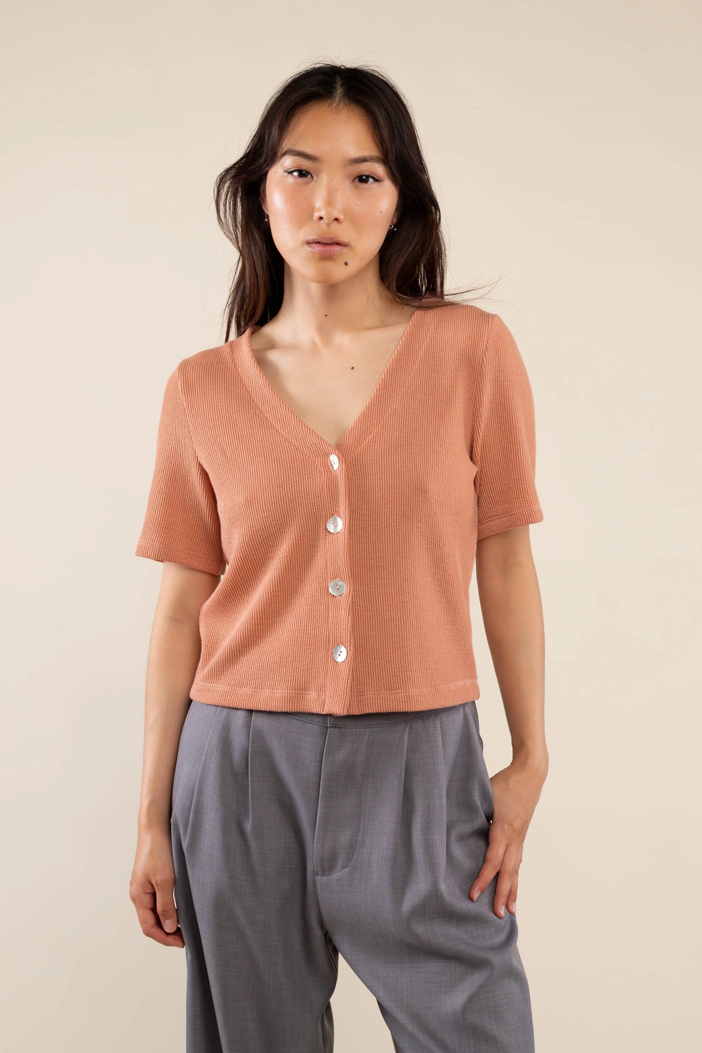 Jacquard Rib Button Down Top