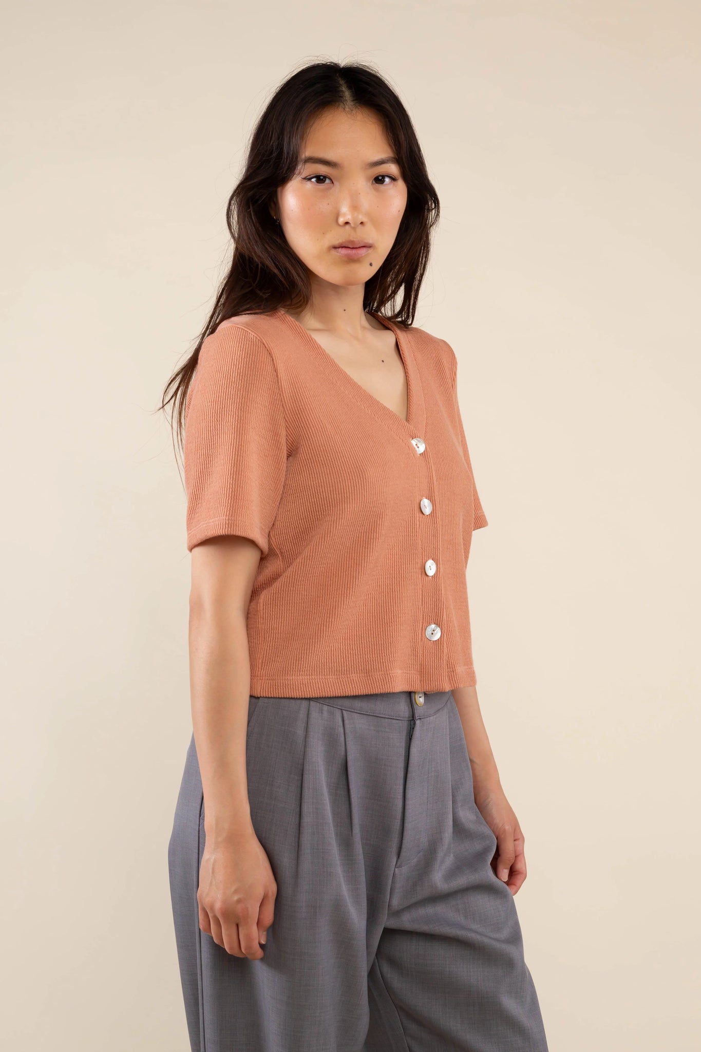 Jacquard Rib Button Down Top