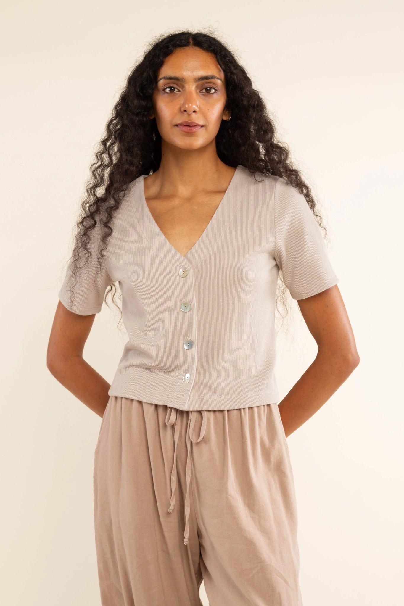 Jacquard Rib Button Down Top
