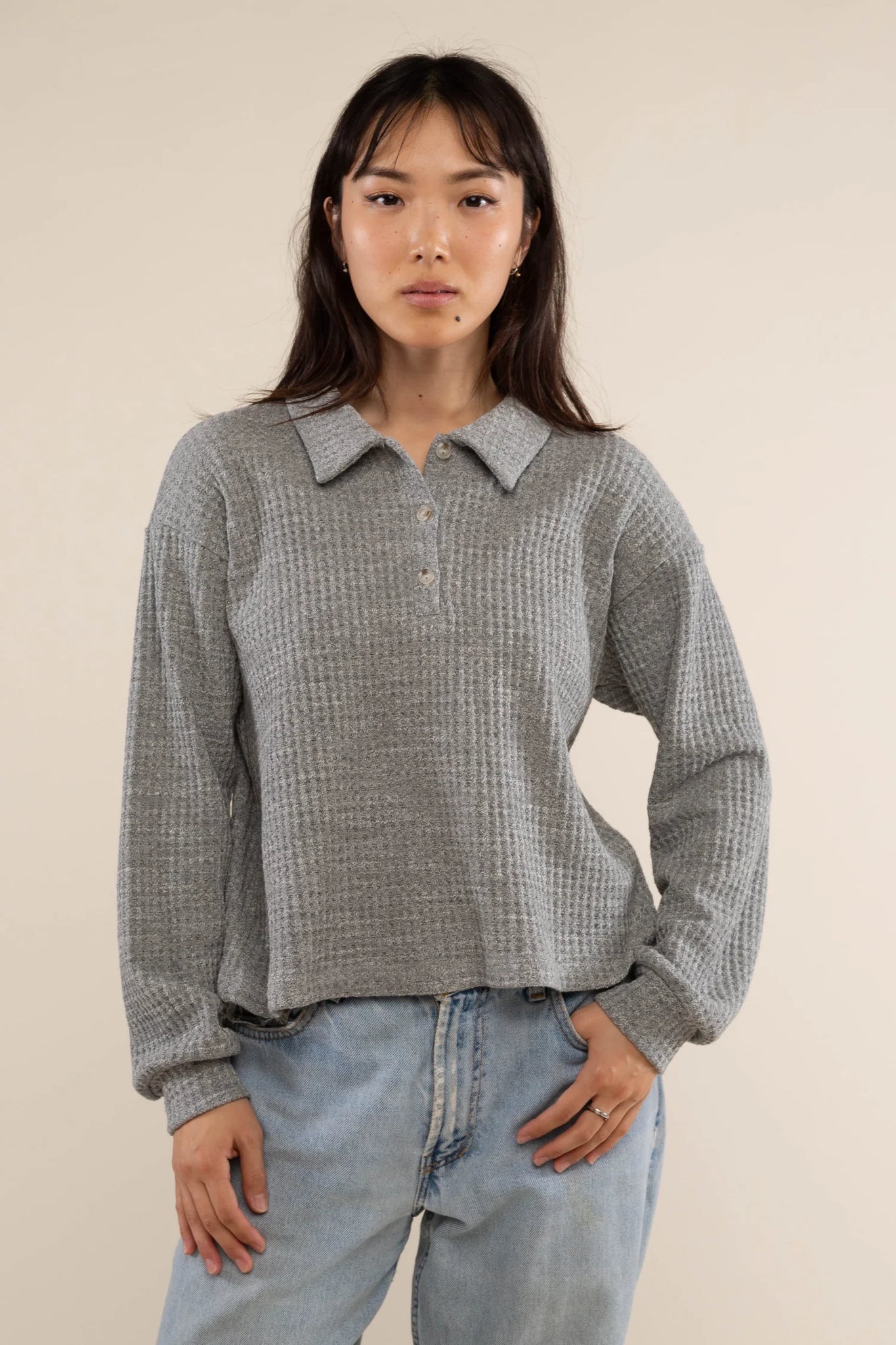 Deadstock Waffle Polo Long Sleeve Top
