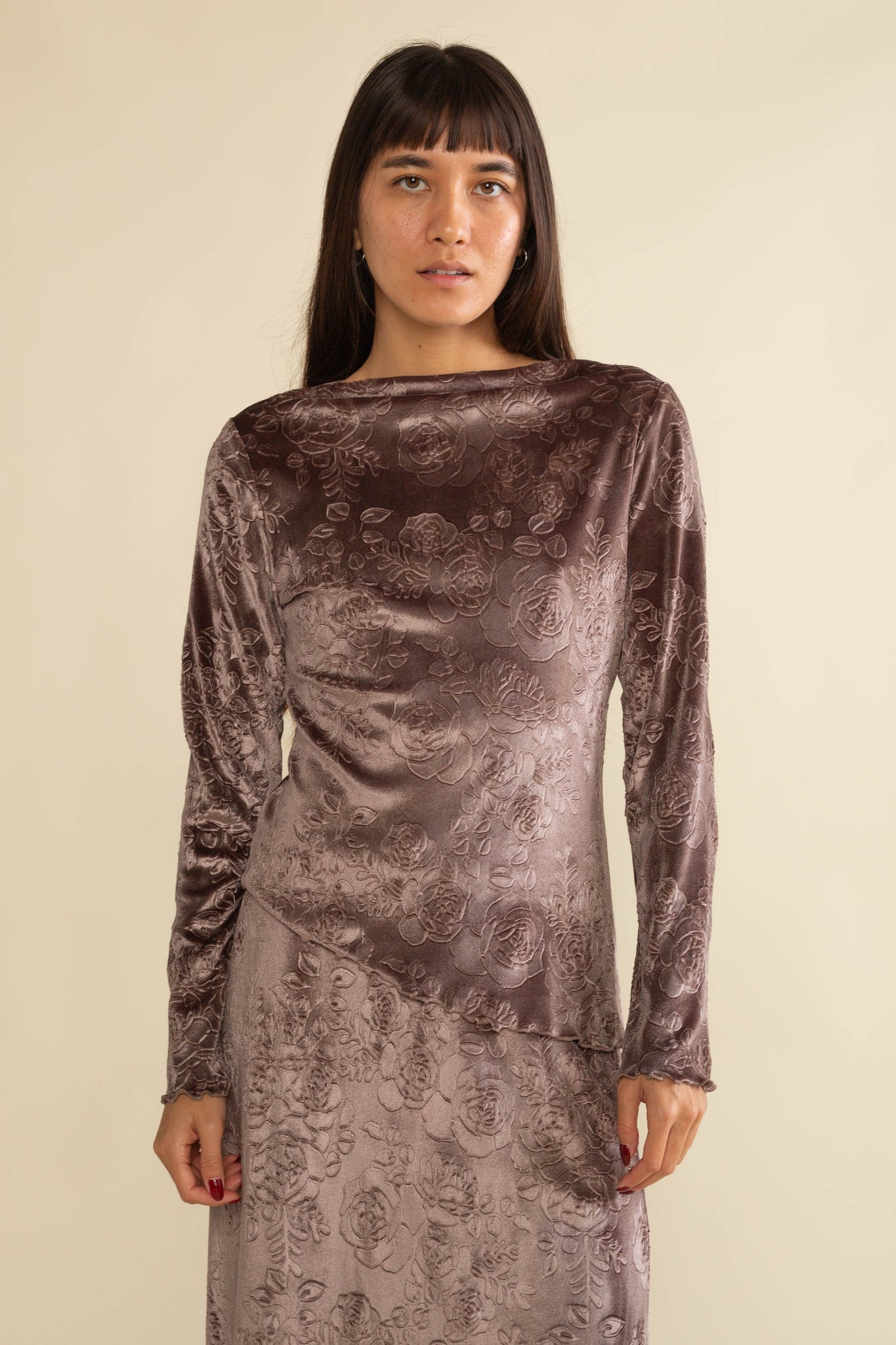 Boatneck Velvet Long Sleeve Top
