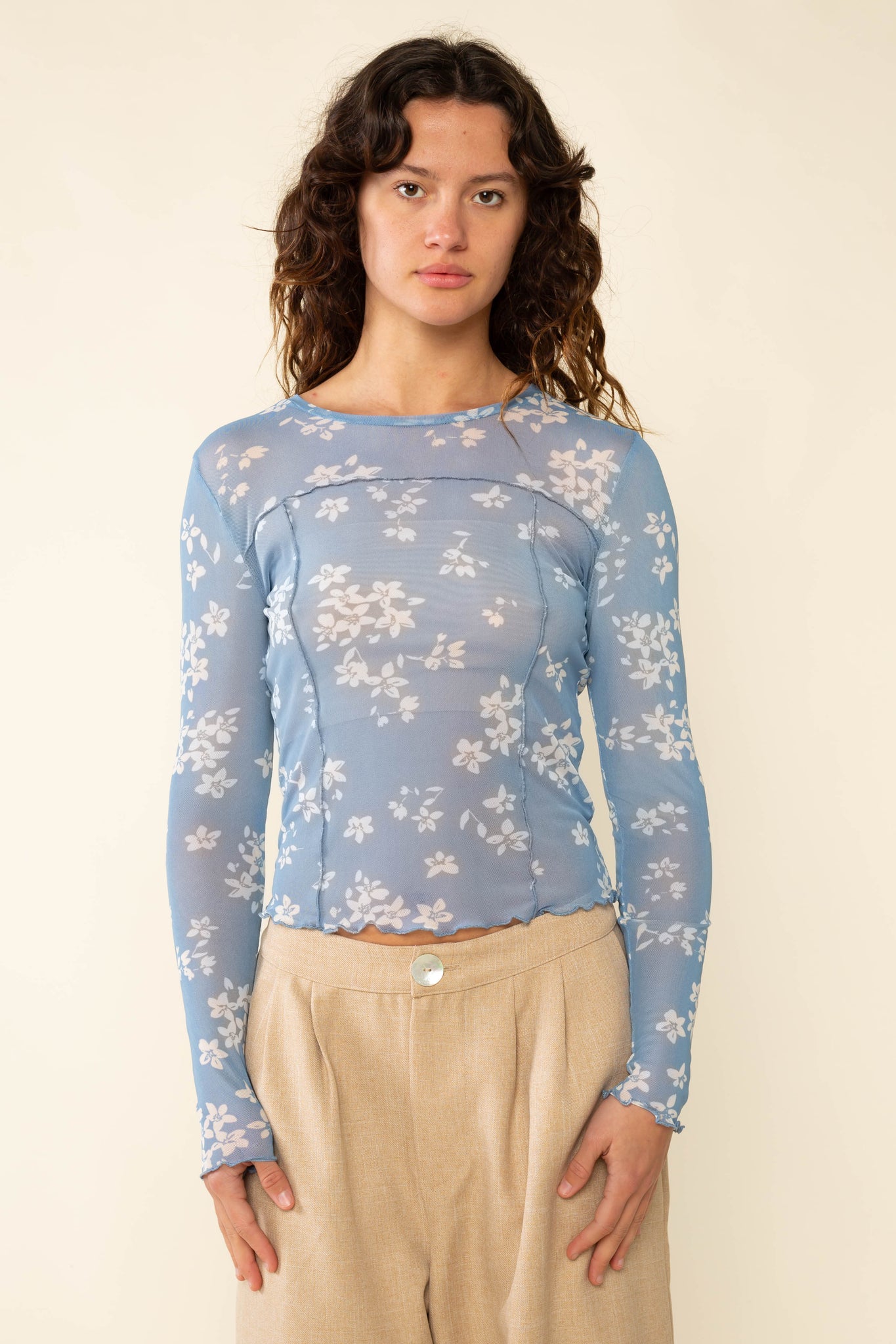 Crew Neck Floral Mesh Top