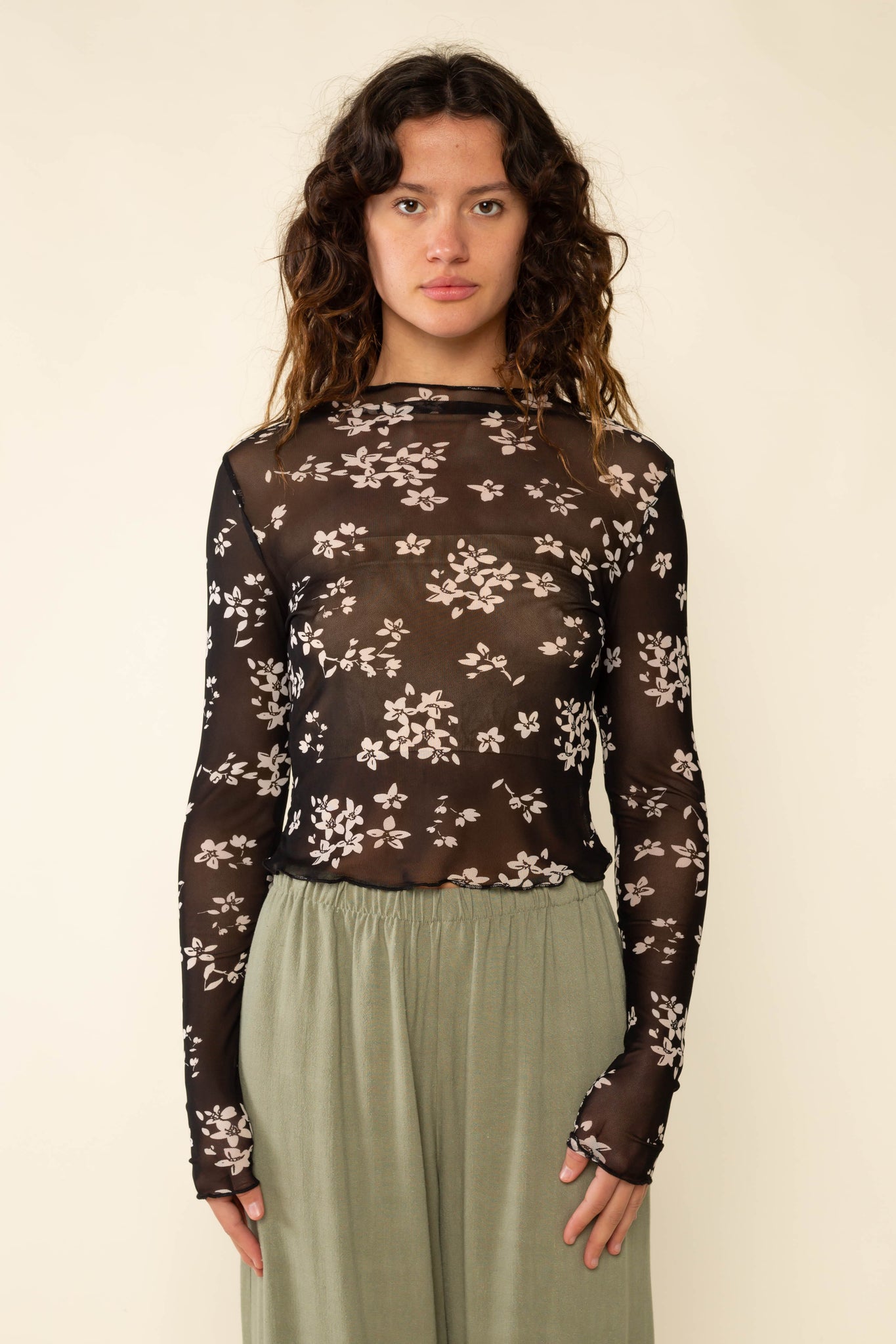 Mock Neck Floral Mesh Top