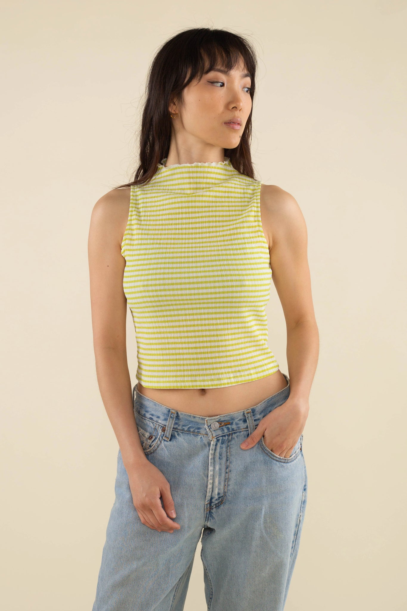 Mock Neck Gingham Mid Length Tank