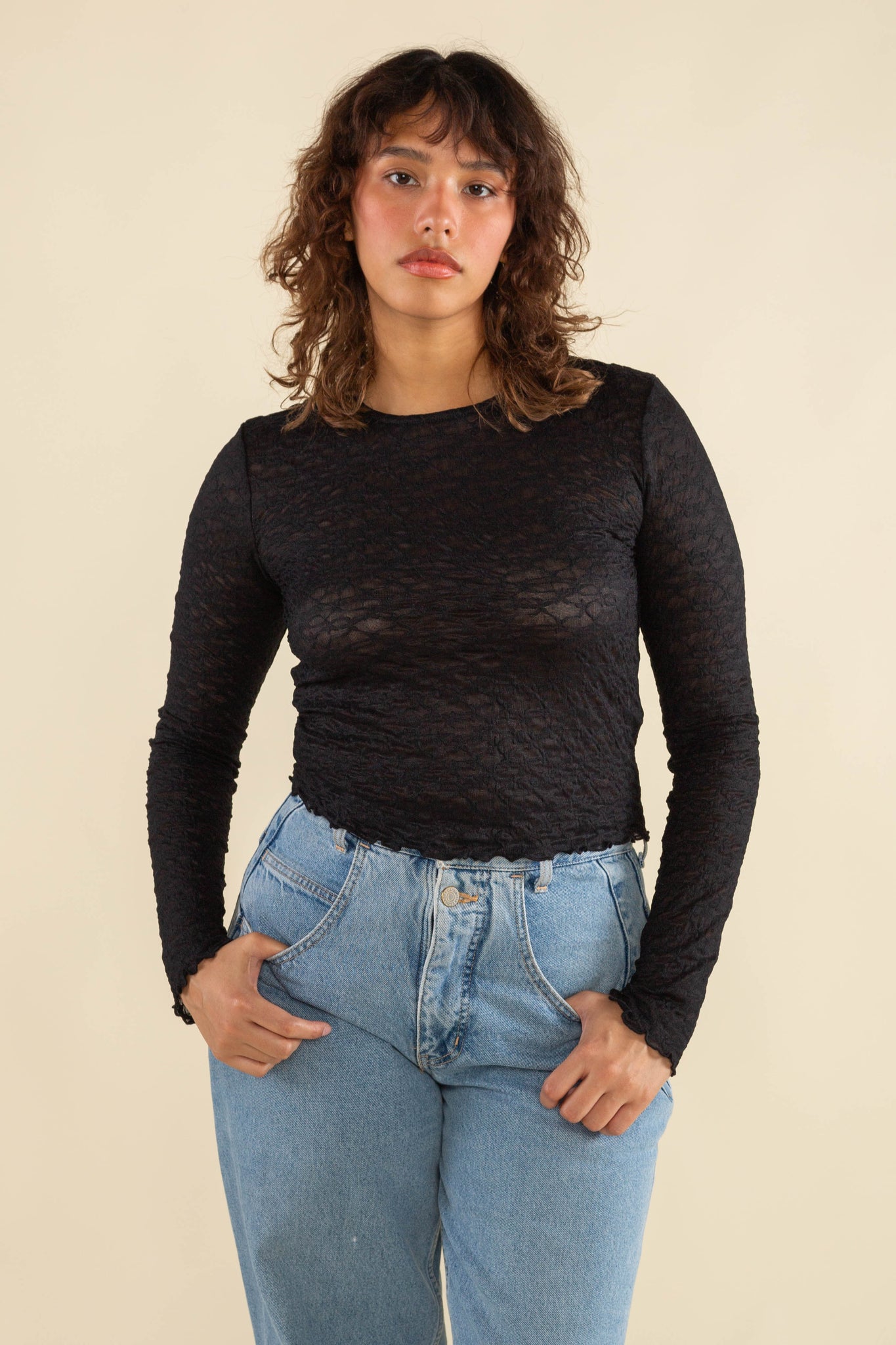 Toluca Long Sleeve Jacquard Mesh Lace Baby Tee