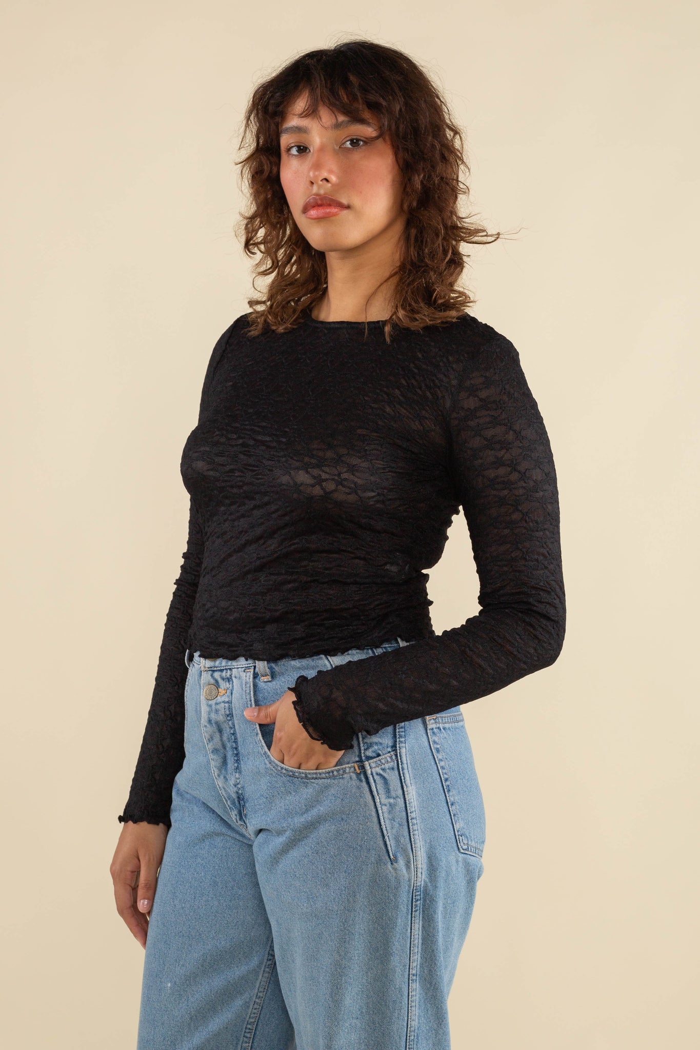 Toluca Long Sleeve Jacquard Mesh Lace Baby Tee