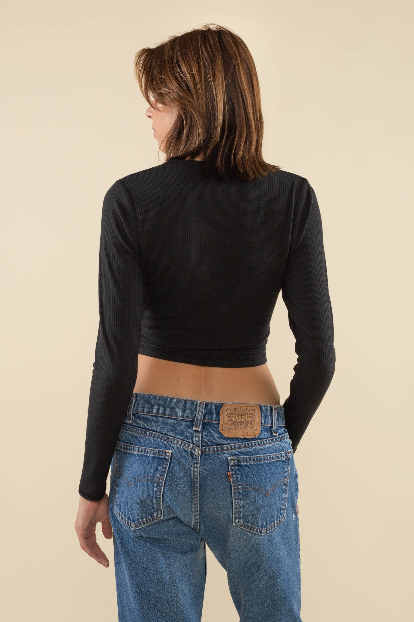 Crop Length 4x2 Rib Long Sleeve Crewneck Shirt