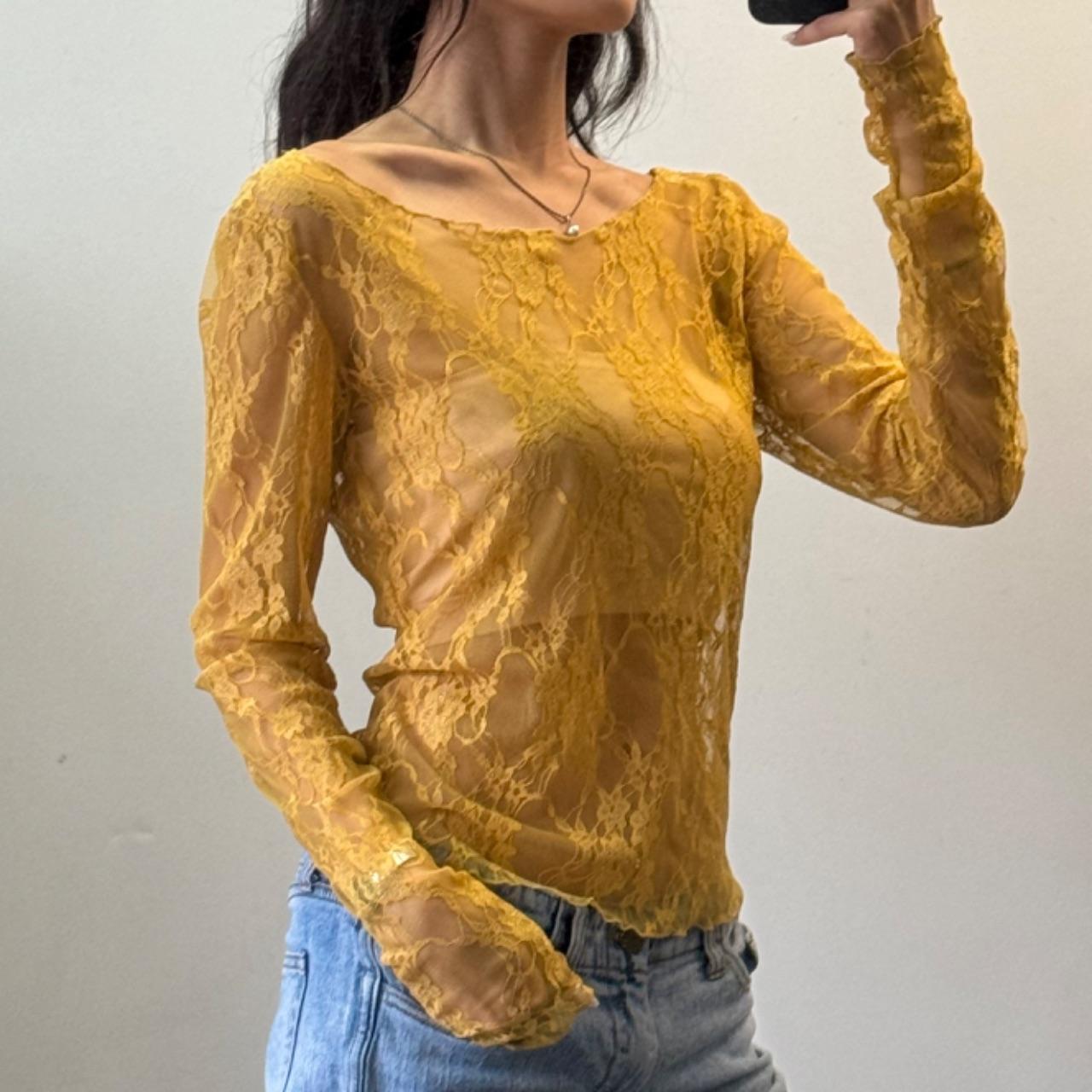 Lace Scoop Neck Top - Mustard