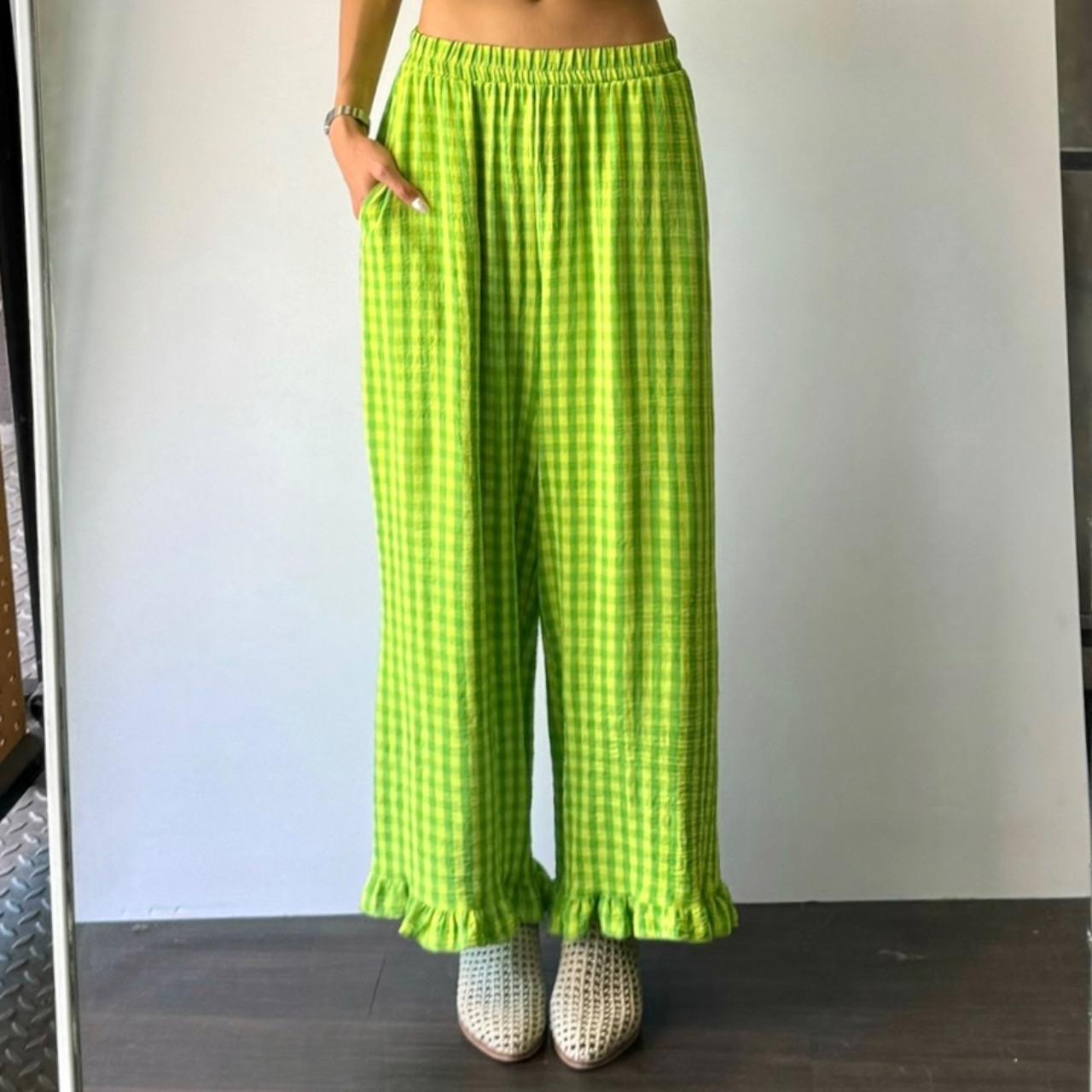 Gingham Ruffle Pants - Kelly/Lime